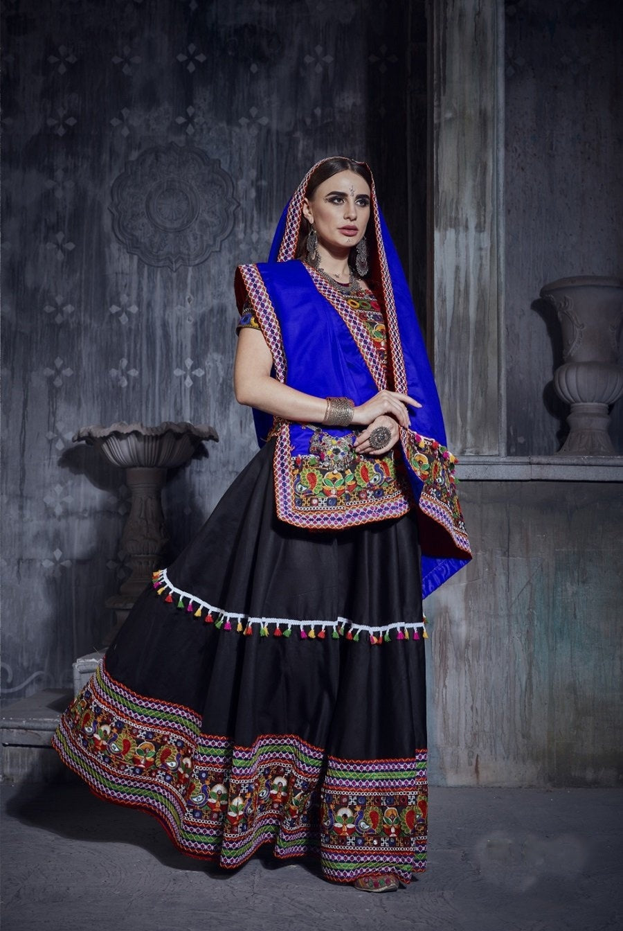 Rajwadi Black Gamthi Embroidered Navratri Chaniya Choli with Royal Blue Dupatta