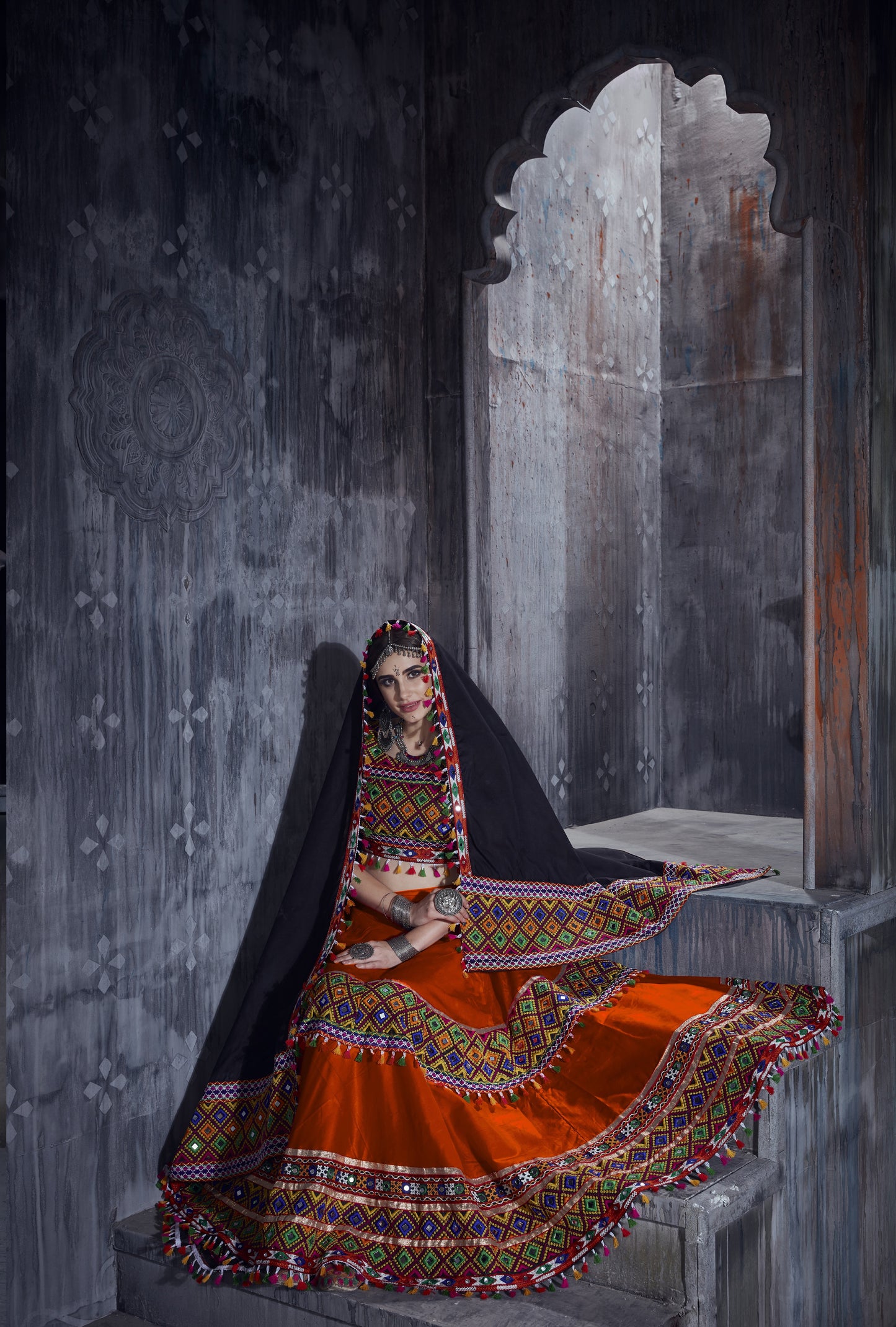 Designer Orange & Black Navratri Chaniya Choli with Gamthi Mirror Embroidery – Festive Garba Wear
