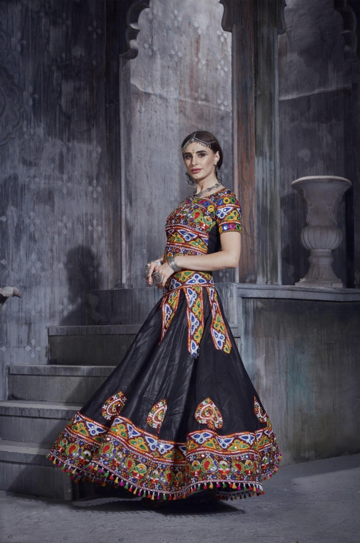 Designer Black Navratri Chaniya Choli with Pink Dupatta – Gamthi Embroidery & Mirror Work