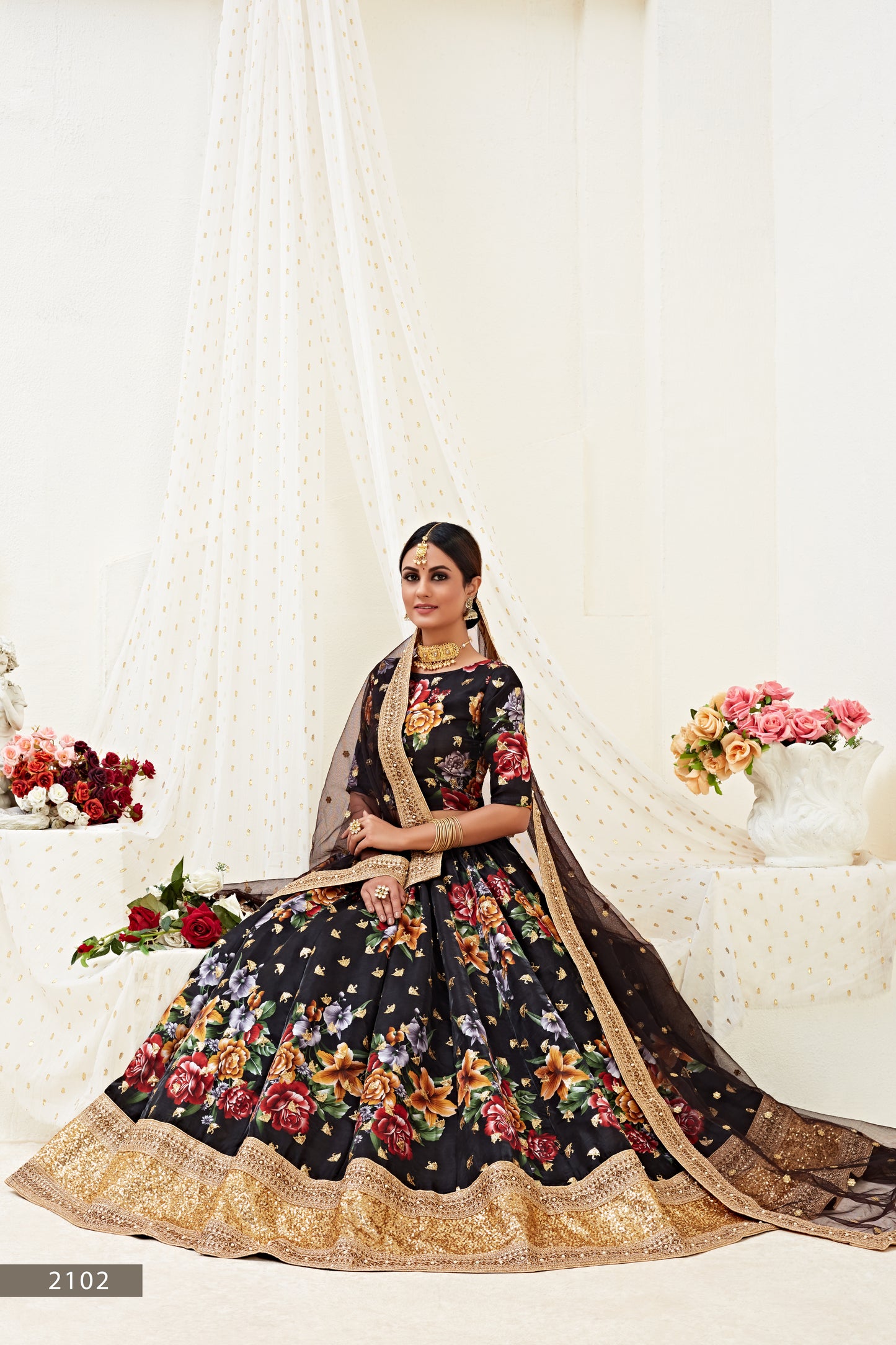 Stunning Black Floral Lehenga Choli with Dori and Sequins