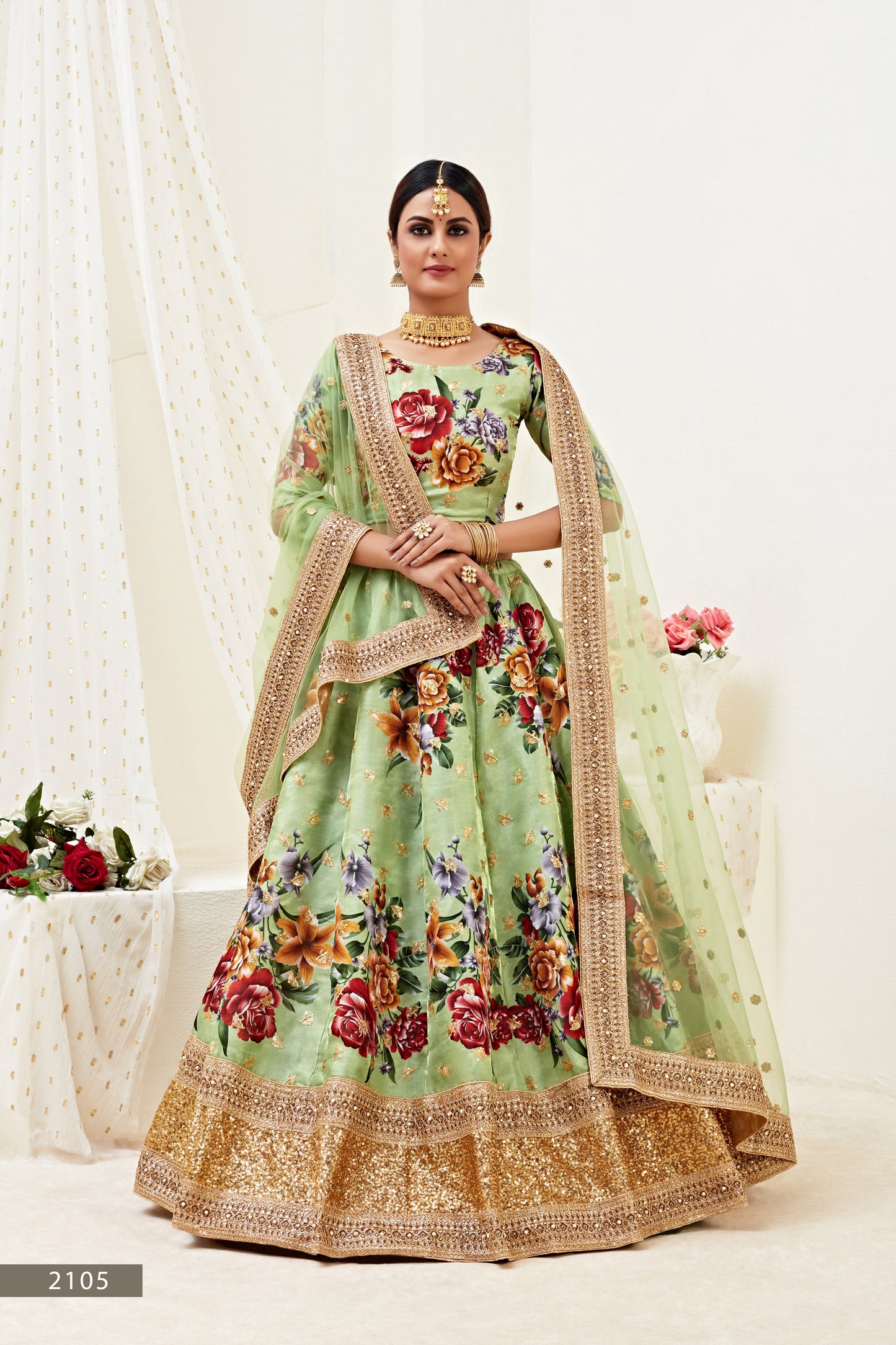 Stunning Pista Green Floral Lehenga Choli with Dori and Sequins