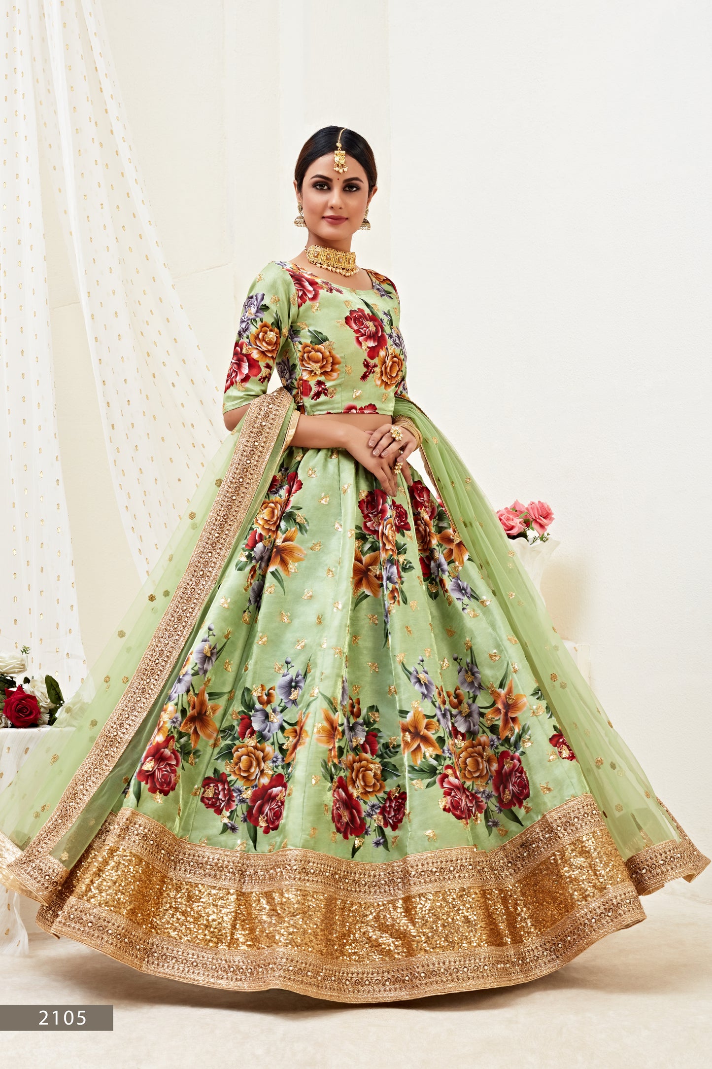 Stunning Pista Green Floral Lehenga Choli with Dori and Sequins