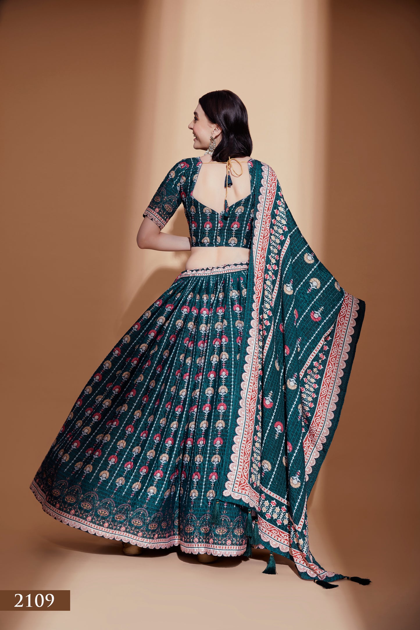 Exquisite Teal Chinon Lehenga Choli with Crochet & Digital Print Work