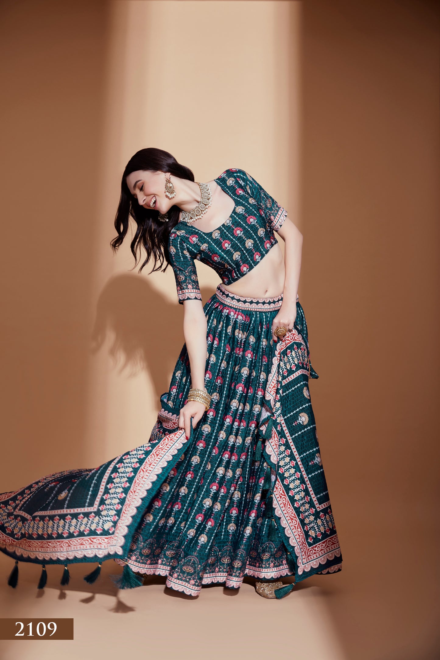 Exquisite Teal Chinon Lehenga Choli with Crochet & Digital Print Work