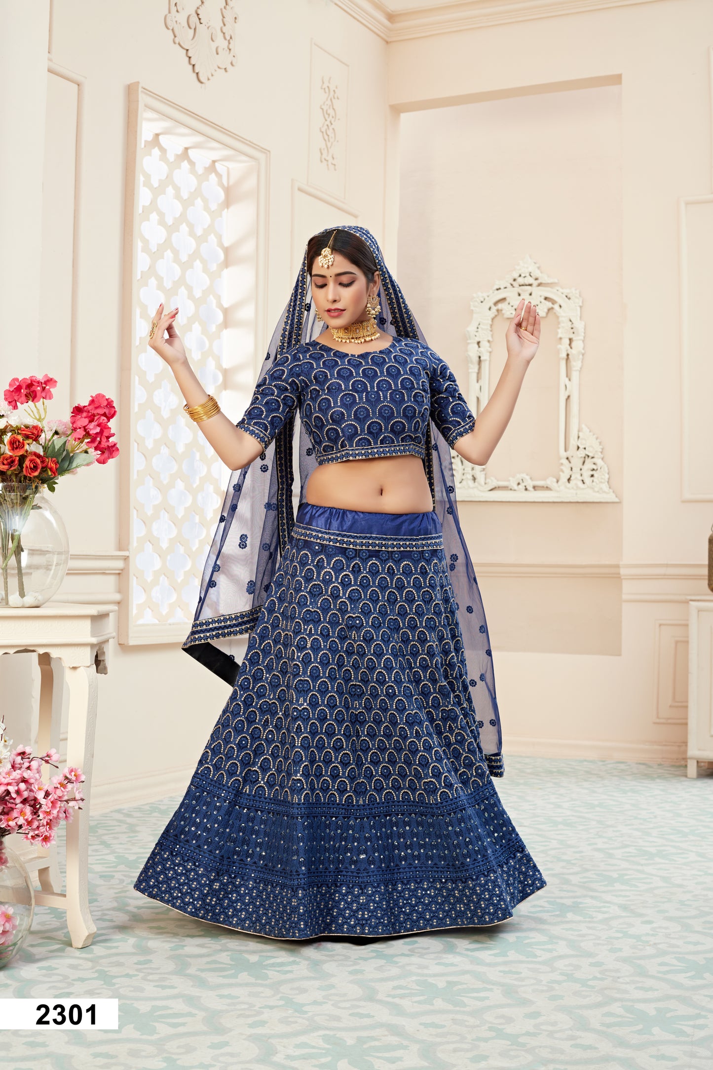 Elegant Blue Soft Net Lehenga Choli with Sequins & Zari Work