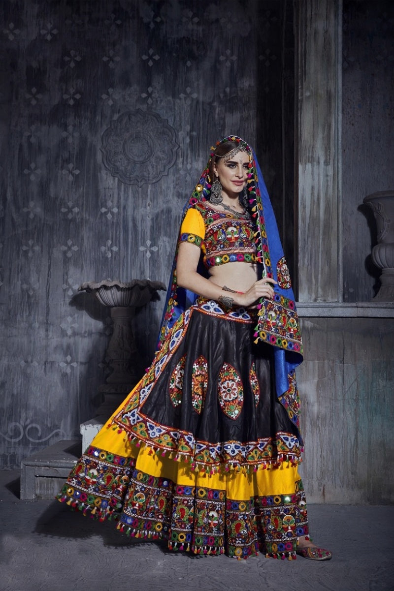 Designer Yellow & Black Navratri Chaniya Choli with Multicolor Embroidery & Mirror Work – Festive Garba Wear
