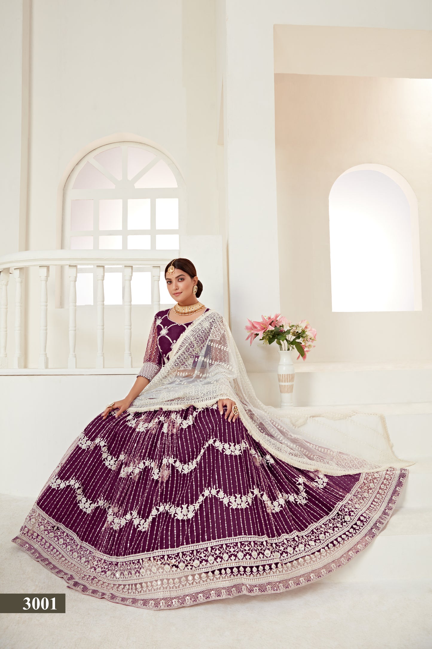 Elegant Wine Butterfly Net Lehenga Blouse Set with Multi and Sequin Work