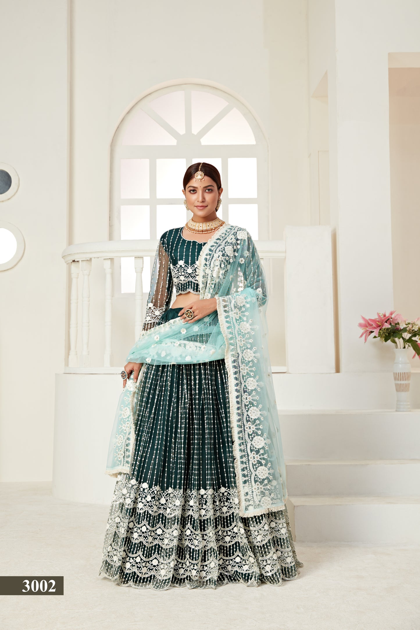 Elegant Green Butterfly Net Lehenga Blouse Set with Multi and Sequin Work