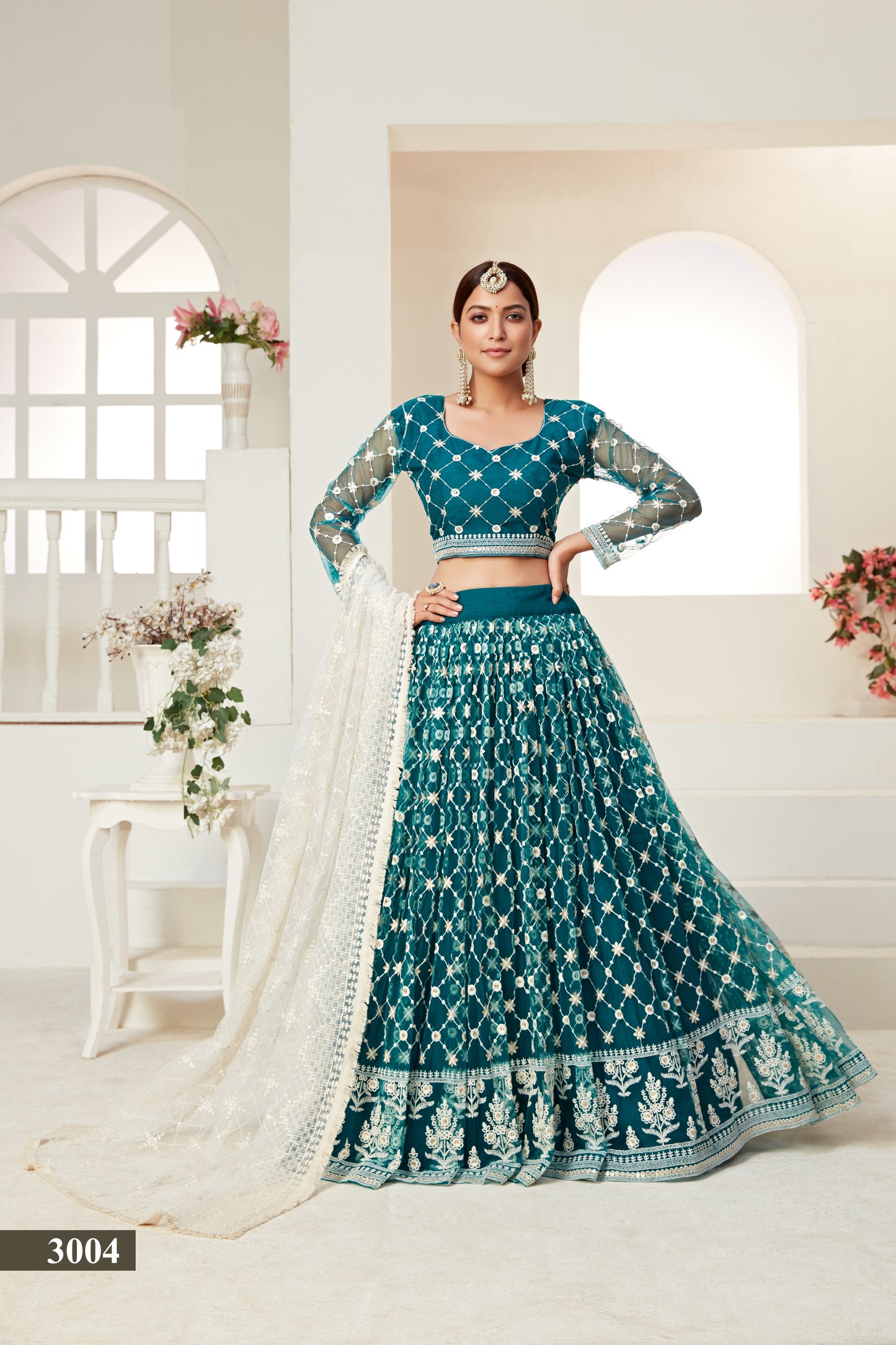 Elegant Teal Butterfly Net Lehenga Blouse Set with Multi and Sequin Work