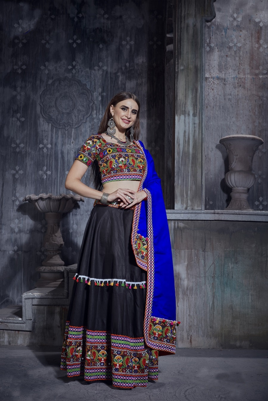 Rajwadi Black Gamthi Embroidered Navratri Chaniya Choli with Royal Blue Dupatta