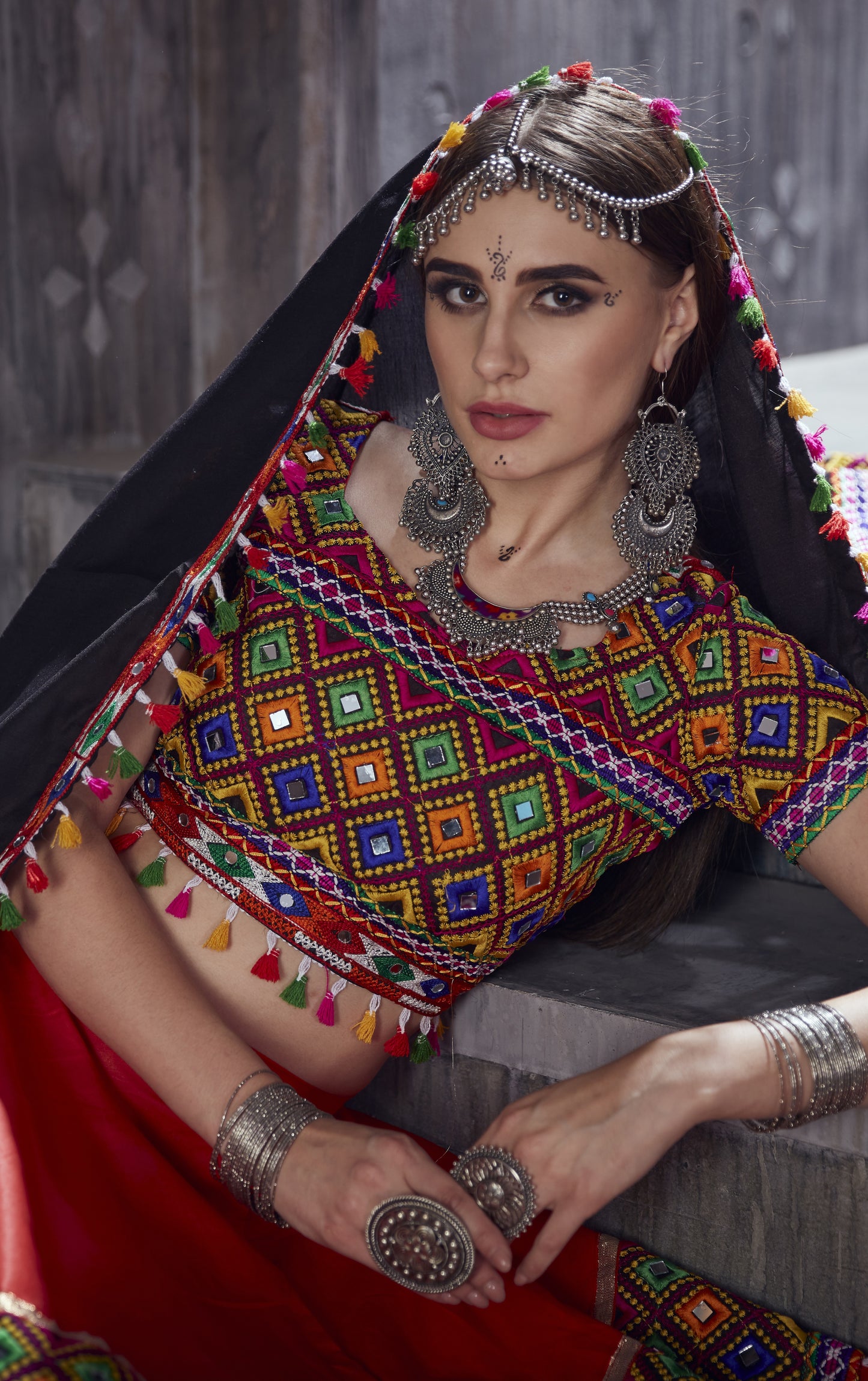 Designer Red & Black Navratri Lehenga Choli with Multicolor Gamthi Mirror Work