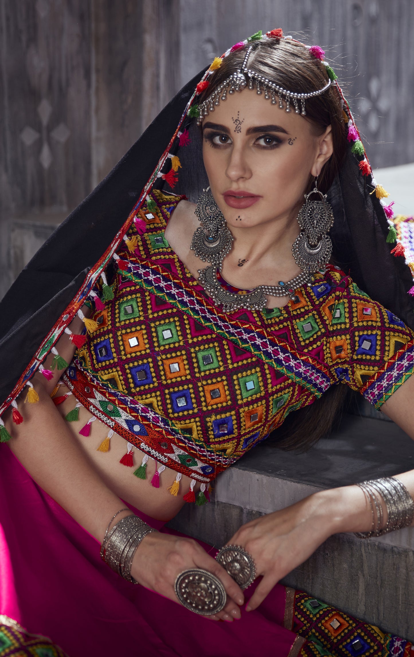 Designer Pink Navratri Chaniya Choli with Black Dupatta & Multicolor Mirror Embroidery
