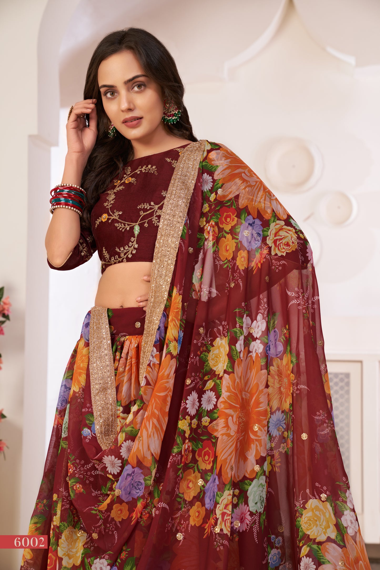 Elegant Maroon Floral Georgette Lehenga Choli with Sequins & Dori Work