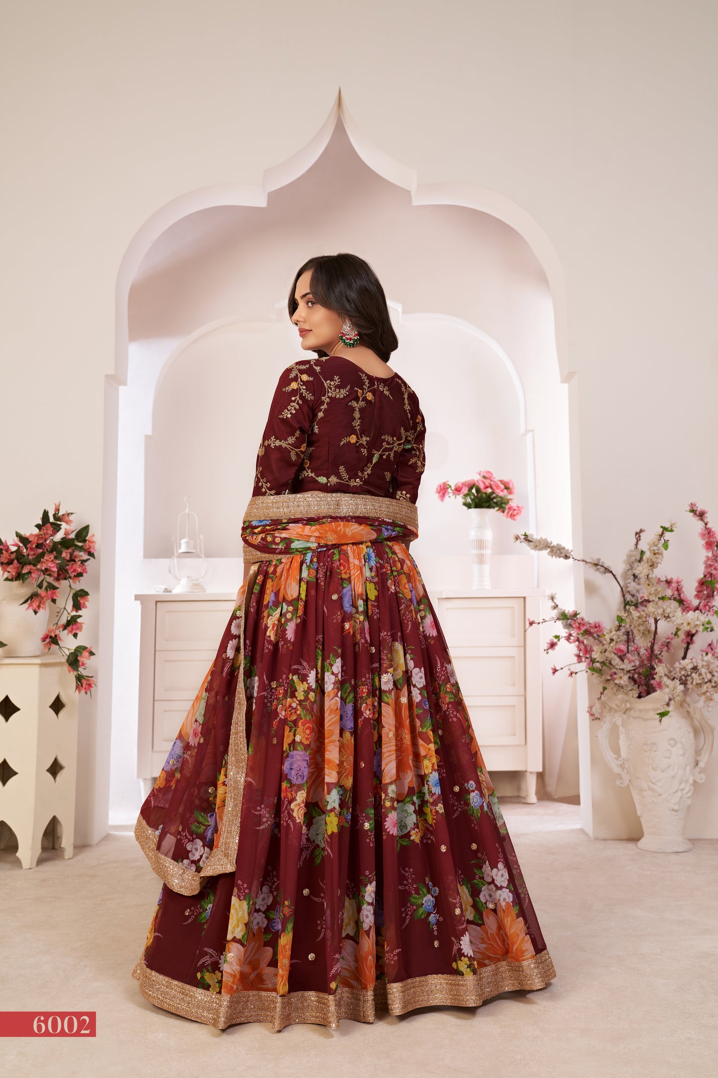 Elegant Maroon Floral Georgette Lehenga Choli with Sequins & Dori Work