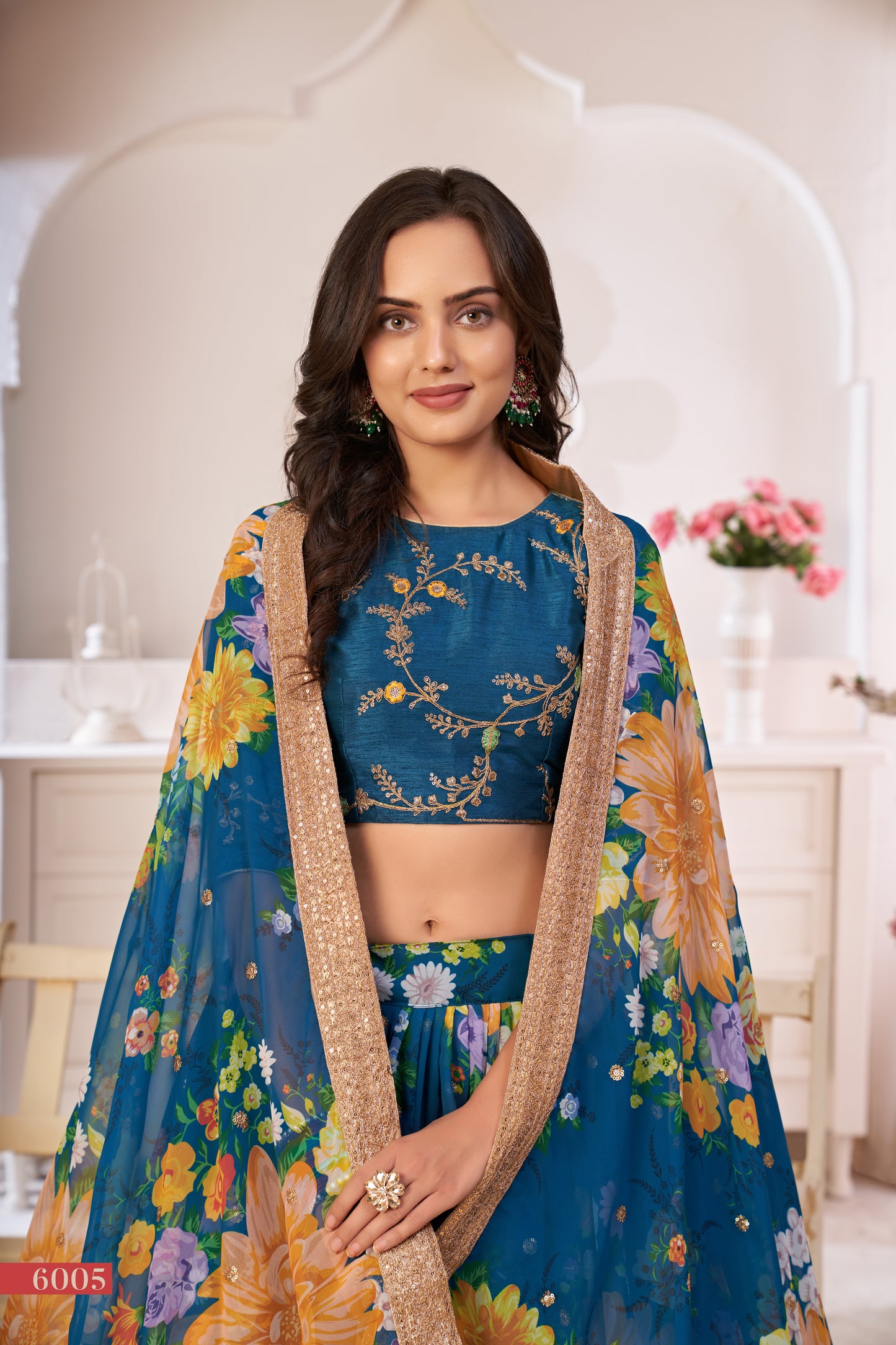 Elegant Rama Green Floral Georgette Lehenga Choli with Sequins & Dori Work