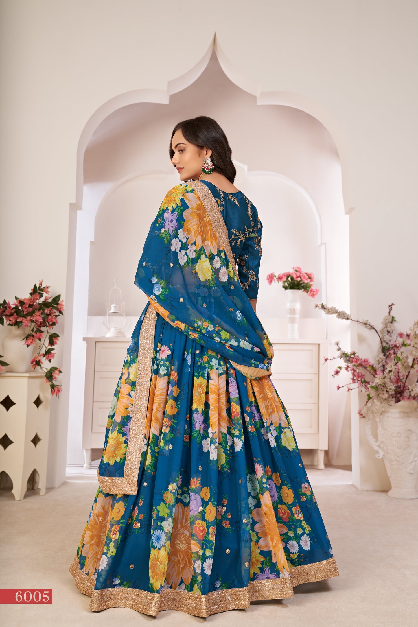 Elegant Rama Green Floral Georgette Lehenga Choli with Sequins & Dori Work