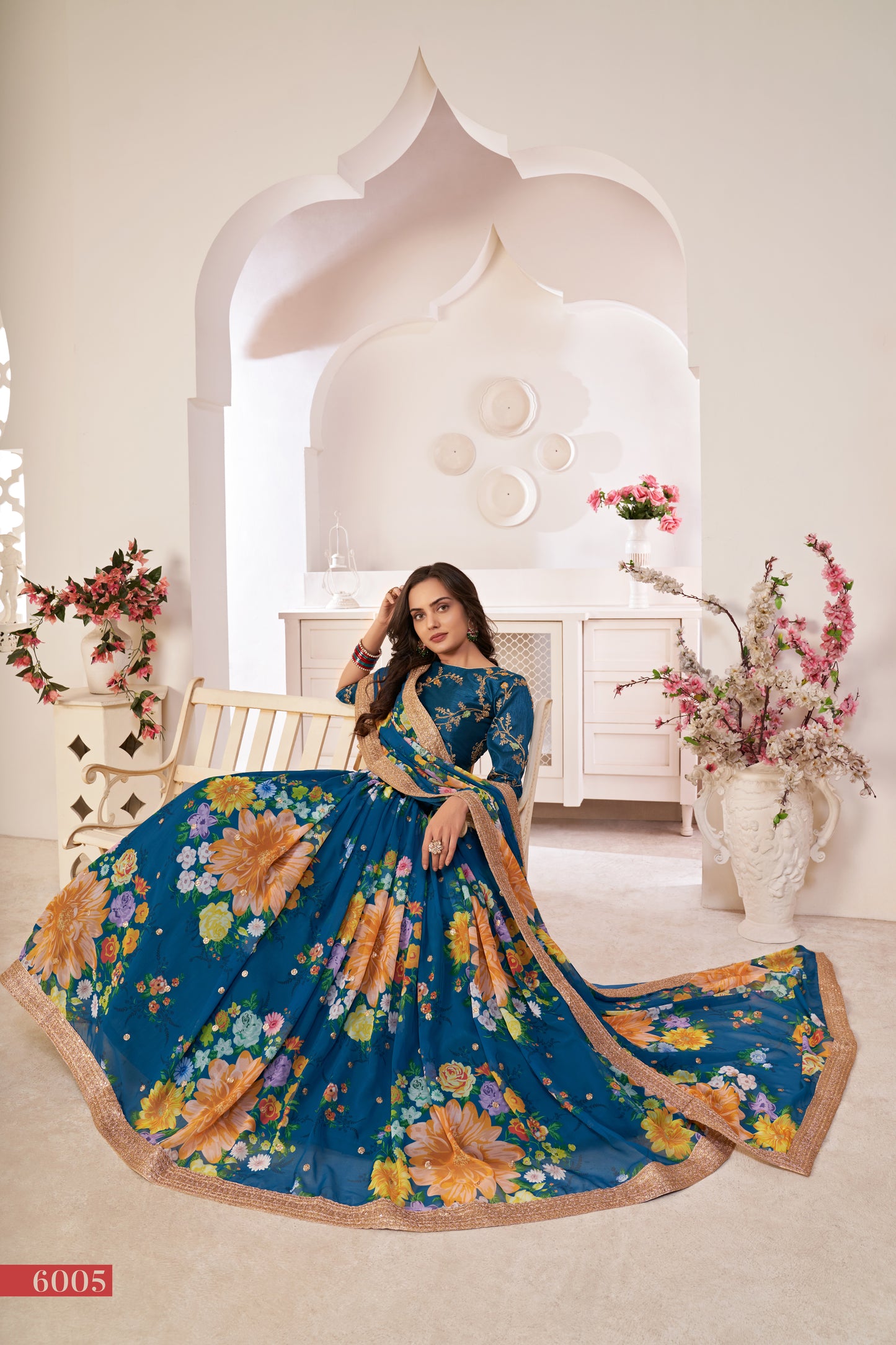 Elegant Rama Green Floral Georgette Lehenga Choli with Sequins & Dori Work