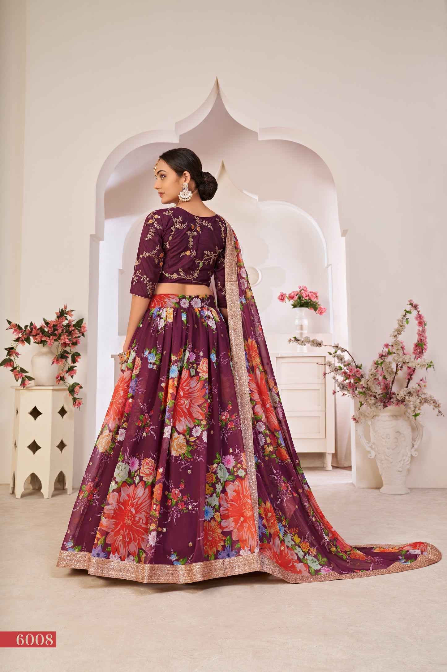 Elegant Wine Floral Georgette Lehenga Choli with Sequins & Dori Work