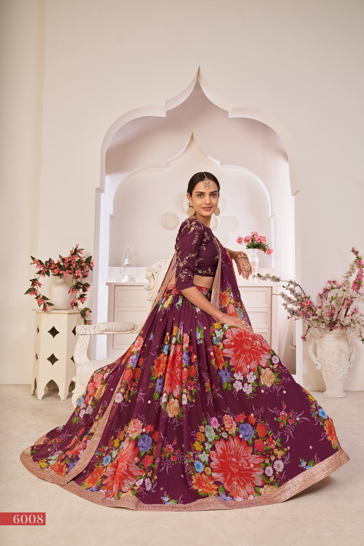 Elegant Wine Floral Georgette Lehenga Choli with Sequins & Dori Work
