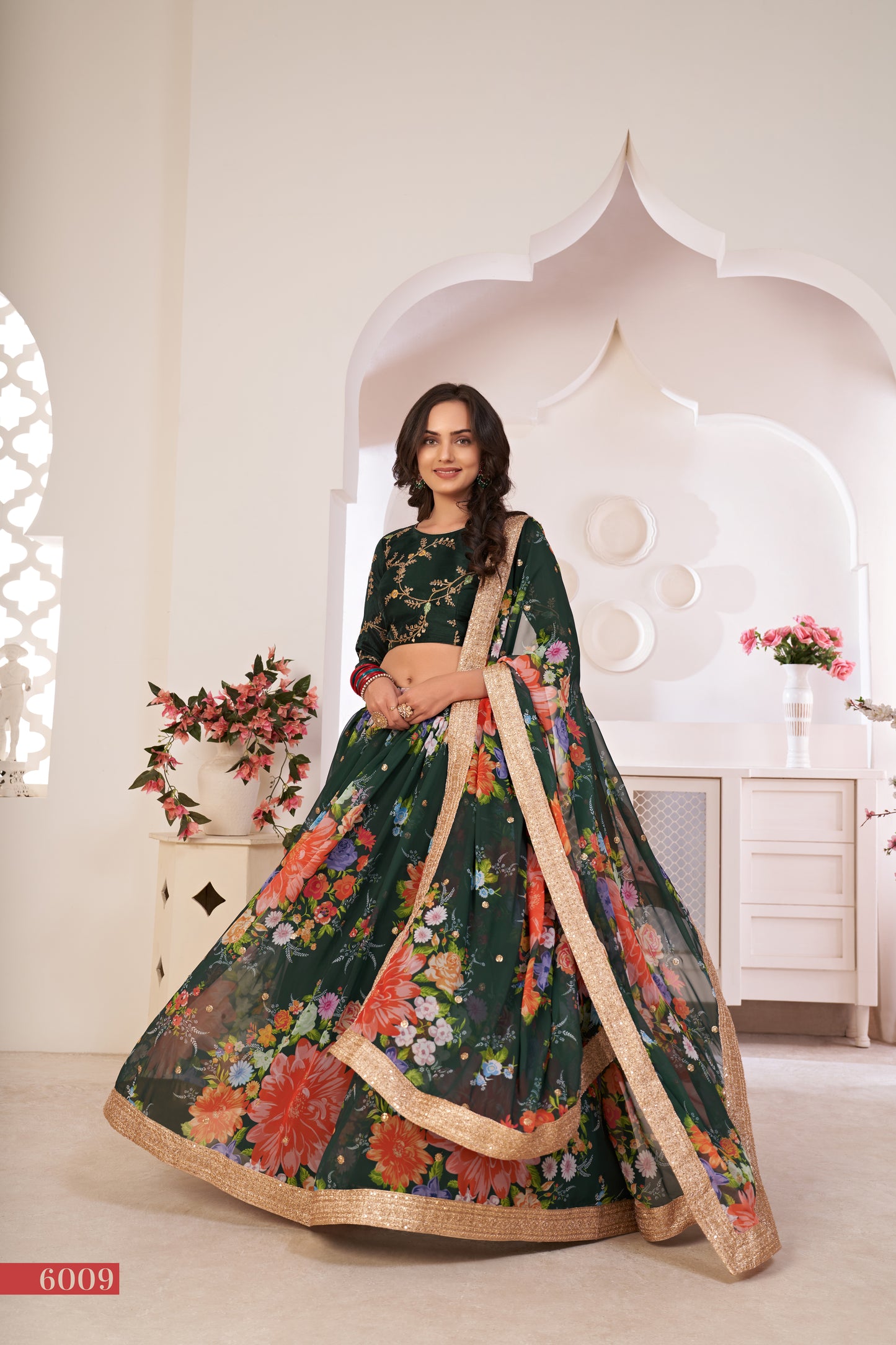 Elegant Green Floral Georgette Lehenga Choli with Sequins & Dori Work