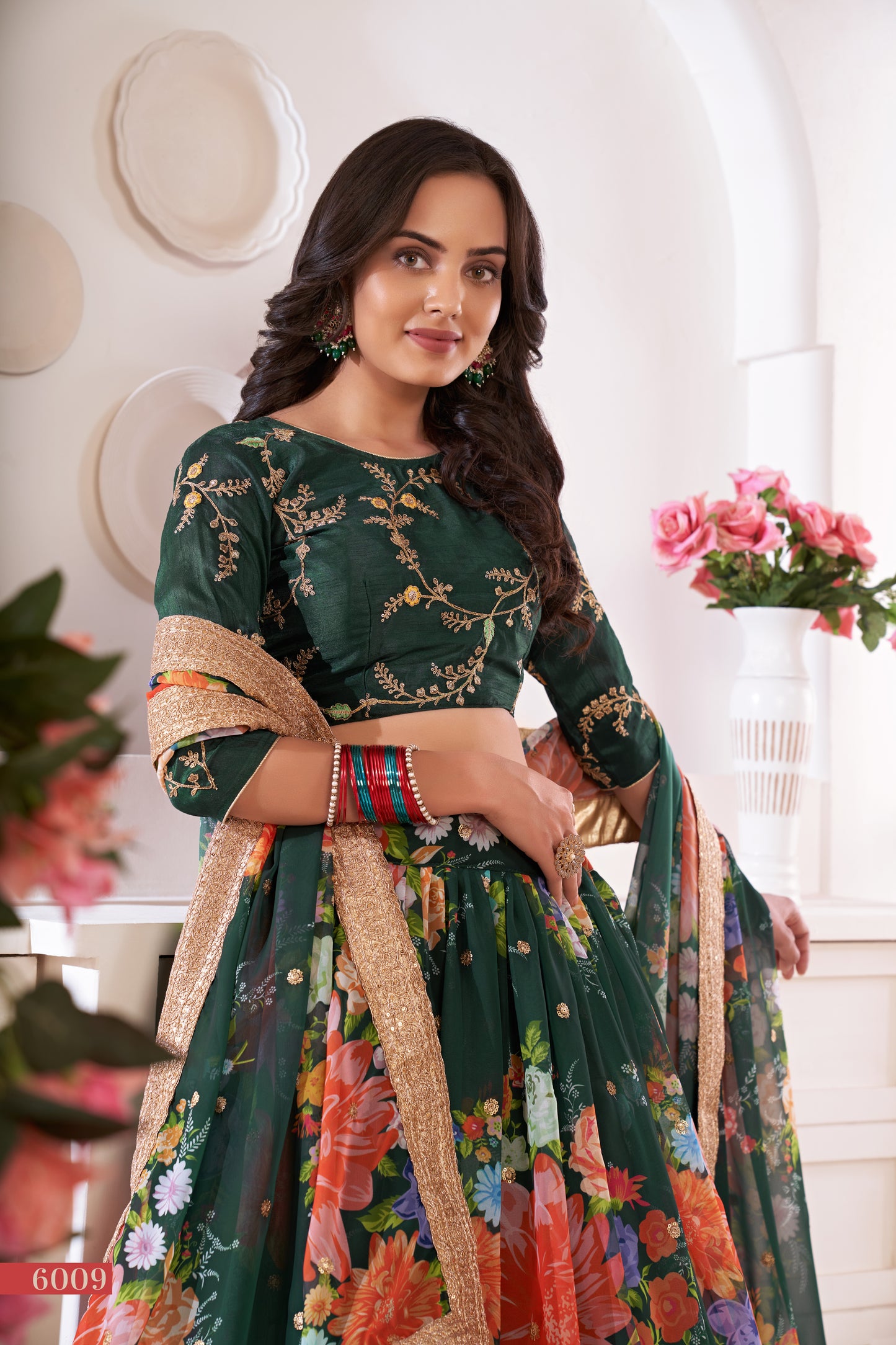 Elegant Green Floral Georgette Lehenga Choli with Sequins & Dori Work