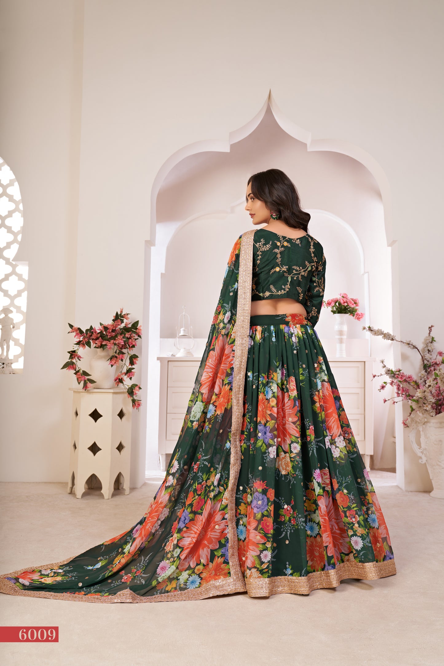 Elegant Green Floral Georgette Lehenga Choli with Sequins & Dori Work