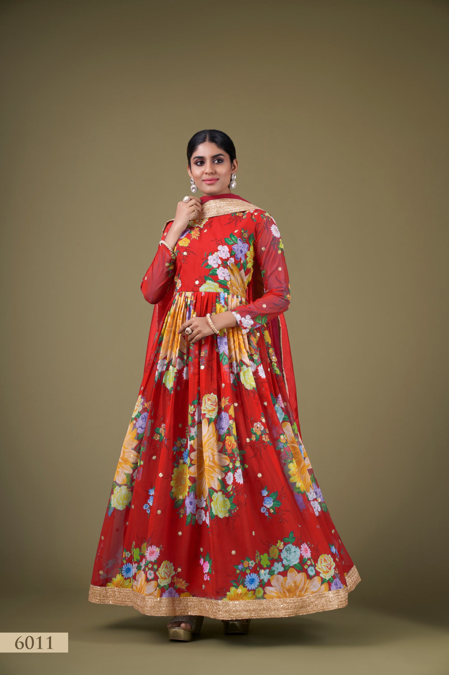 Vibrant Red Floral Anarkali Gown with Sequin Work