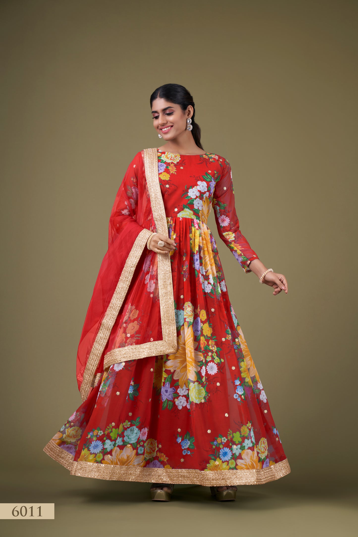 Vibrant Red Floral Anarkali Gown with Sequin Work