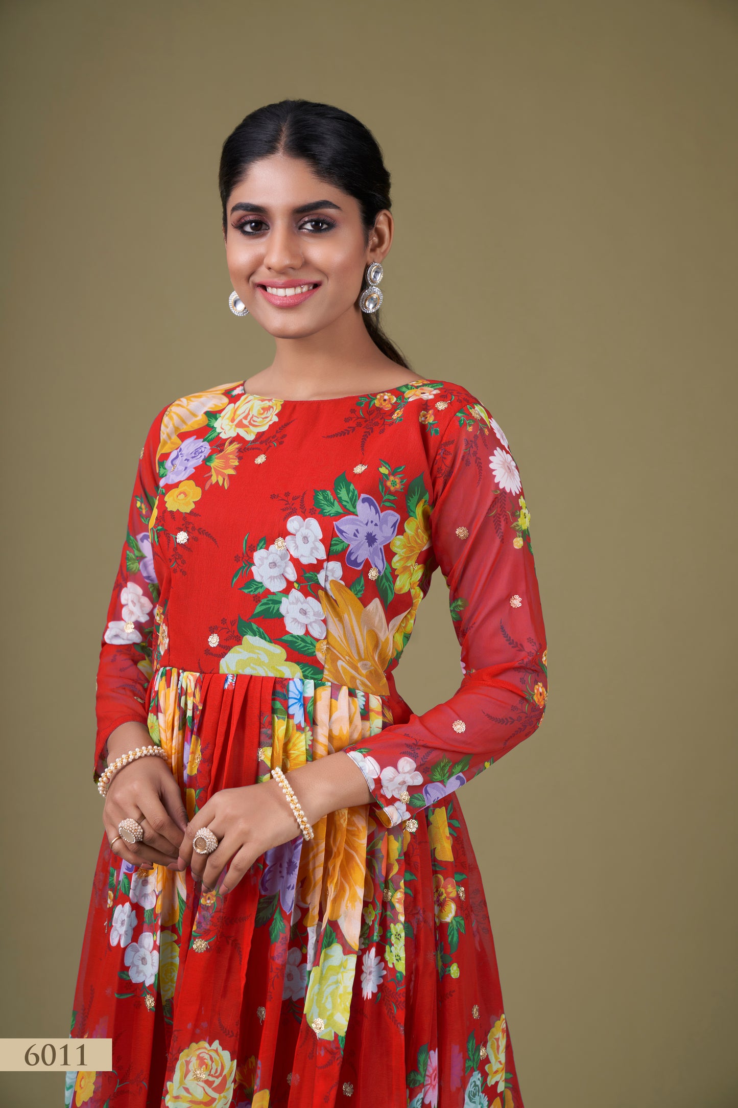 Vibrant Red Floral Anarkali Gown with Sequin Work