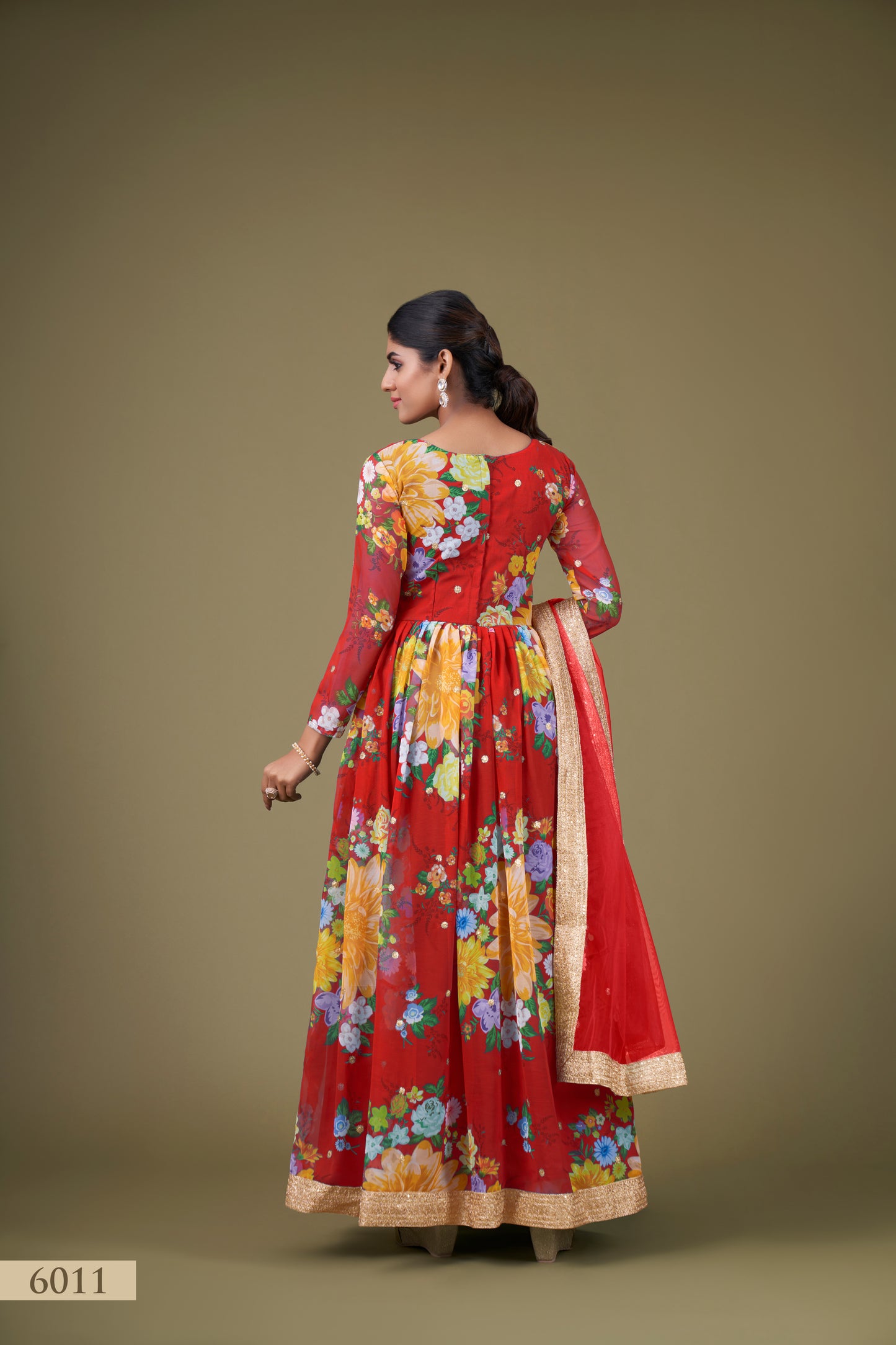 Vibrant Red Floral Anarkali Gown with Sequin Work