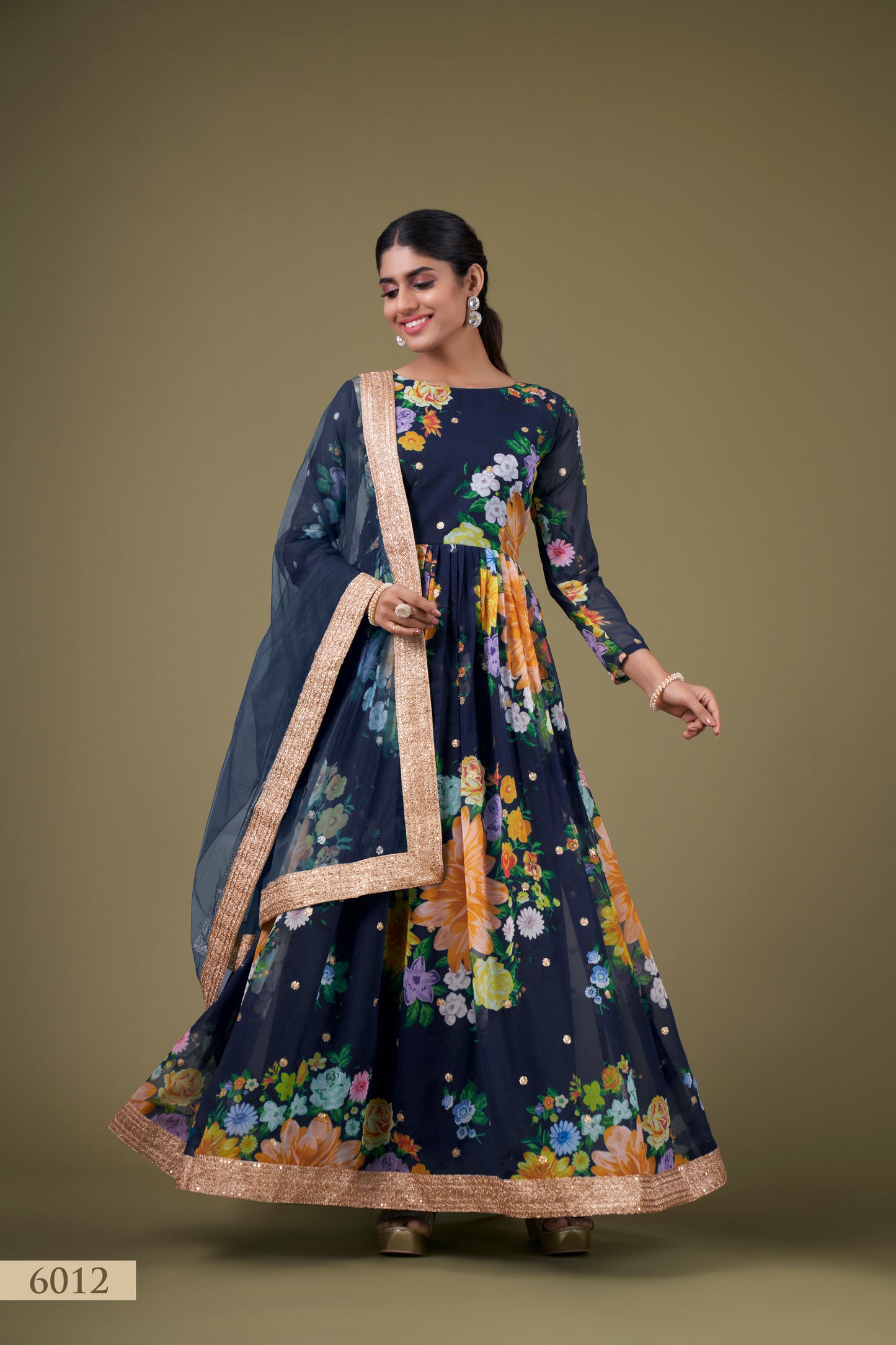 Elegant Navy Blue Floral Anarkali Gown with Sequin Work