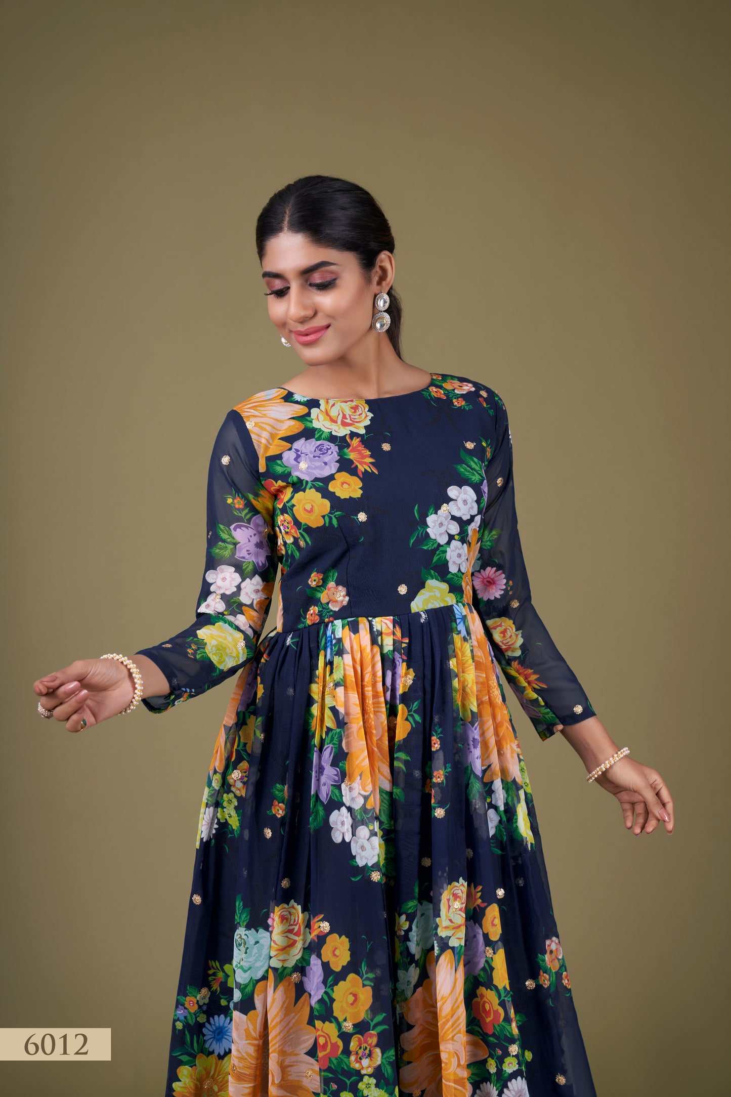 Elegant Navy Blue Floral Anarkali Gown with Sequin Work