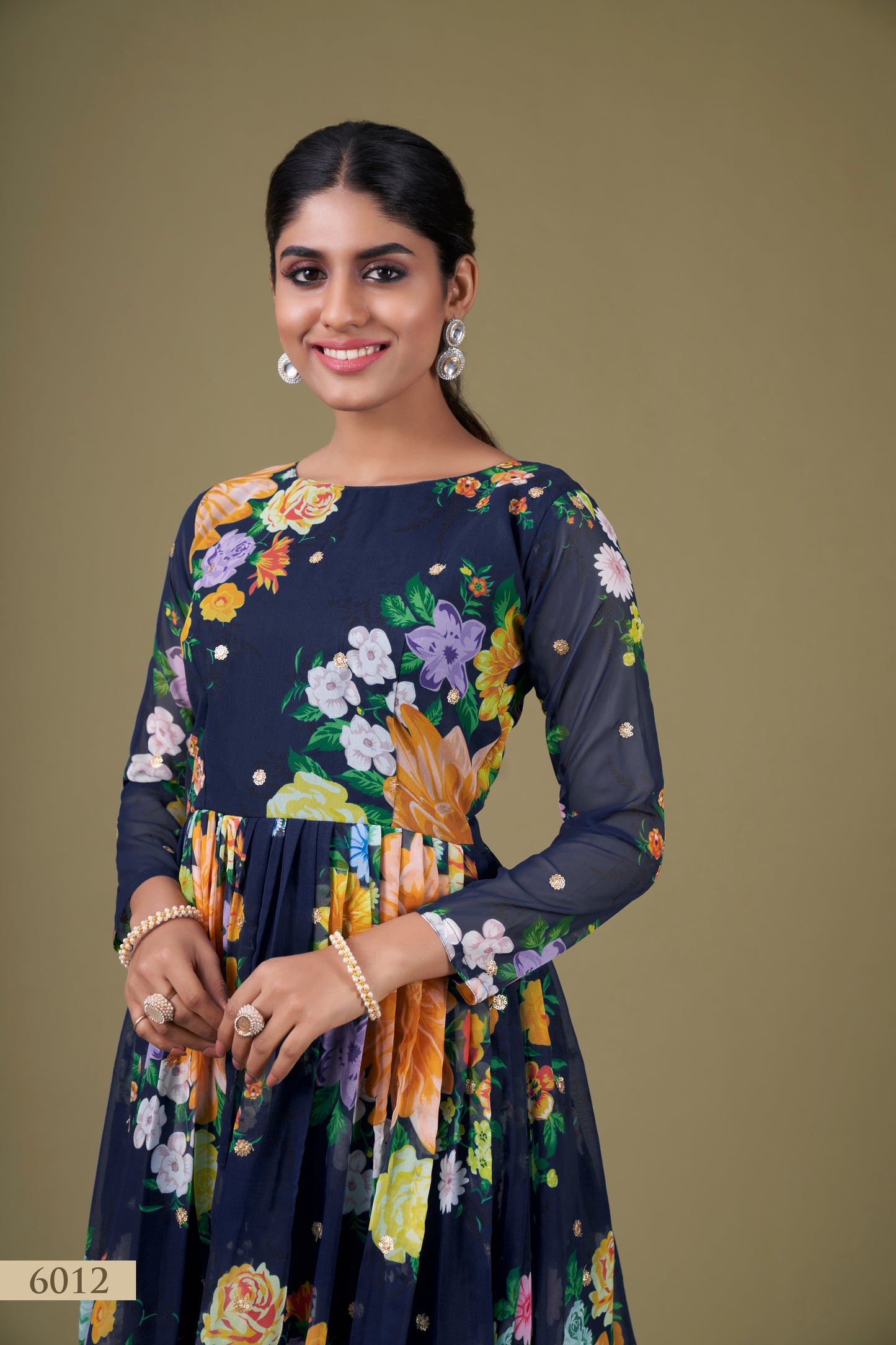 Elegant Navy Blue Floral Anarkali Gown with Sequin Work