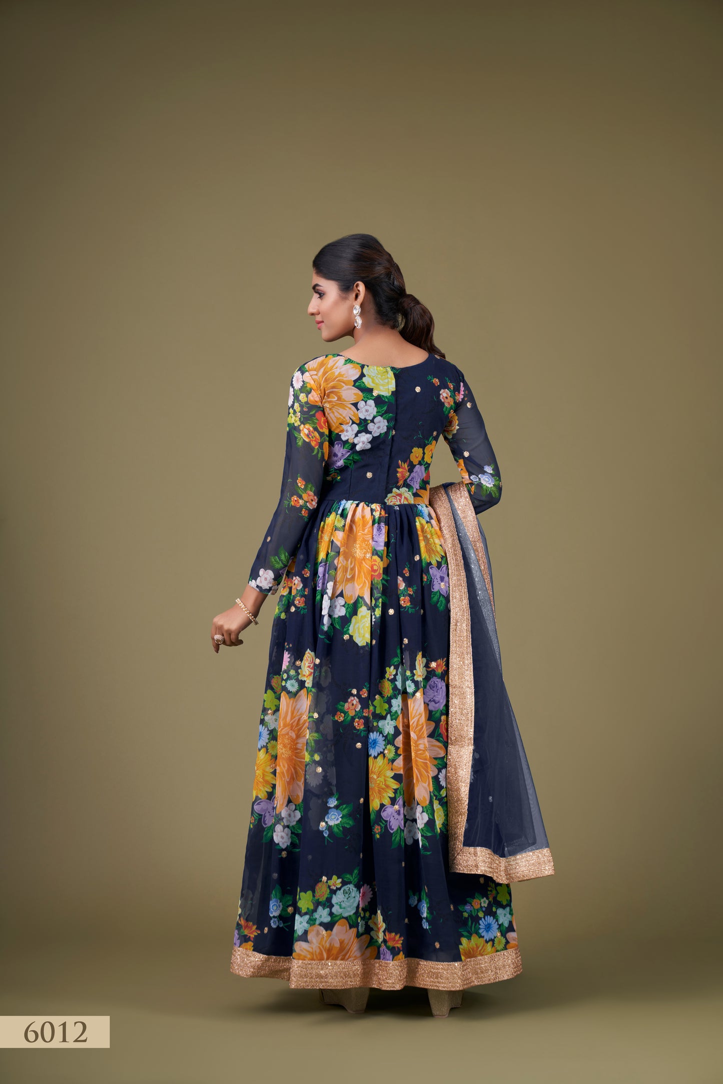 Elegant Navy Blue Floral Anarkali Gown with Sequin Work