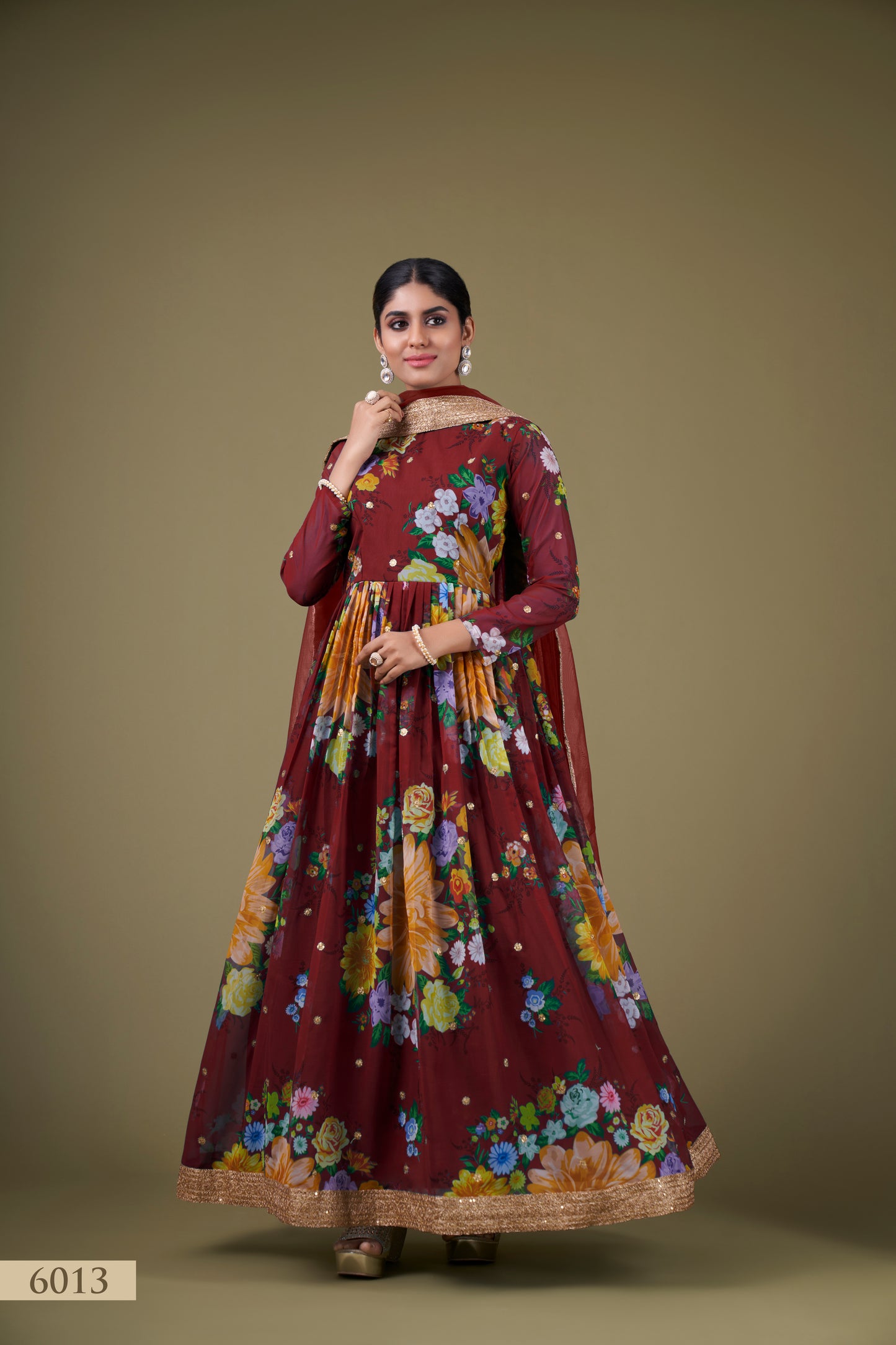 Elegant Maroon Floral Anarkali Gown with Sequin Work