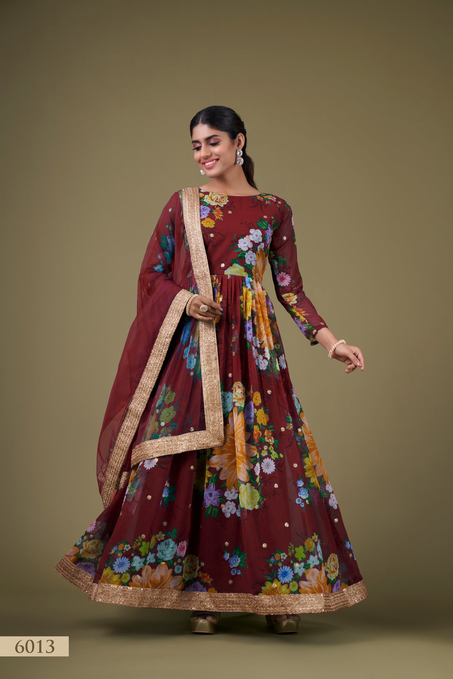 Elegant Maroon Floral Anarkali Gown with Sequin Work