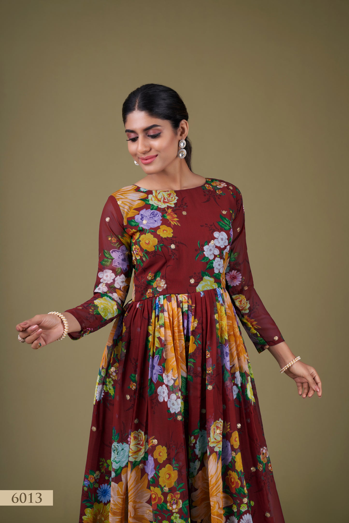 Elegant Maroon Floral Anarkali Gown with Sequin Work