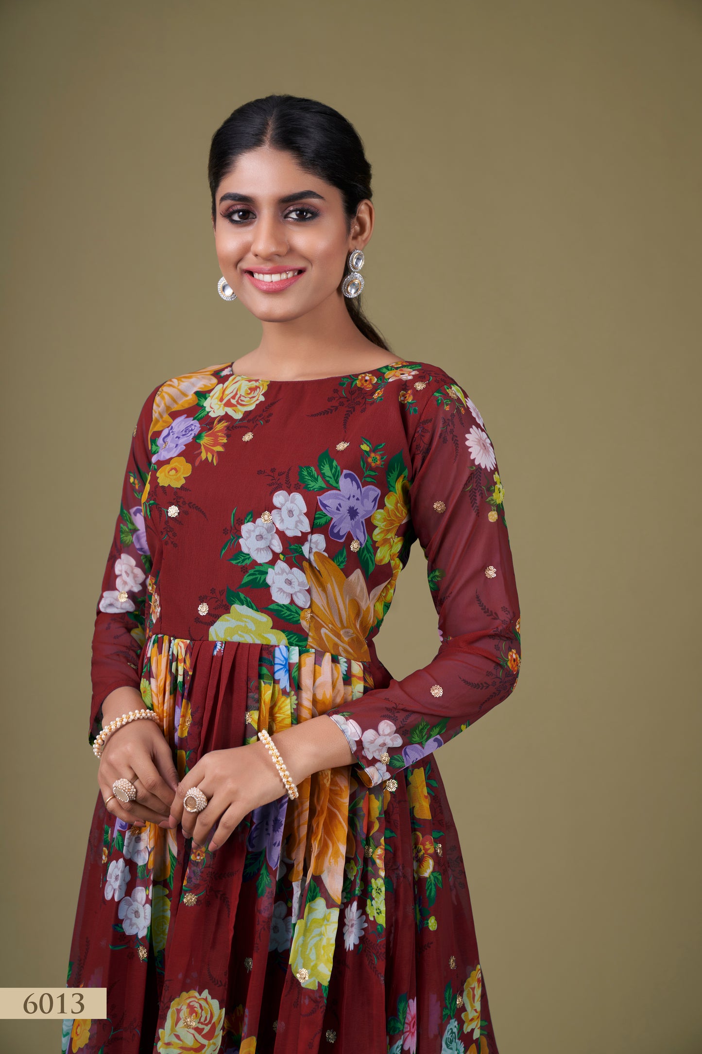 Elegant Maroon Floral Anarkali Gown with Sequin Work