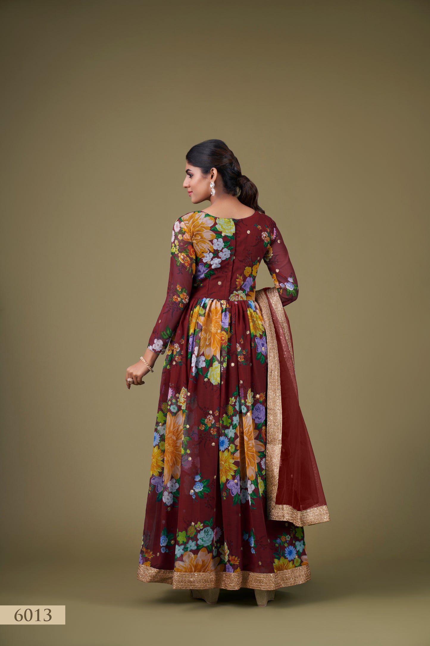 Elegant Maroon Floral Anarkali Gown with Sequin Work