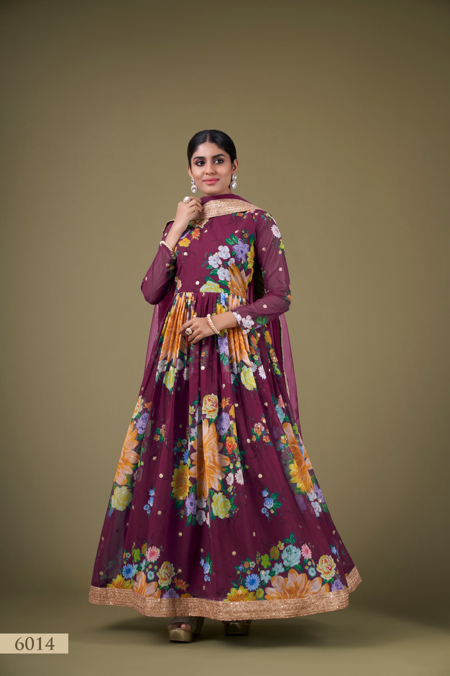 Regal Wine Floral Anarkali Gown with Sequin Work