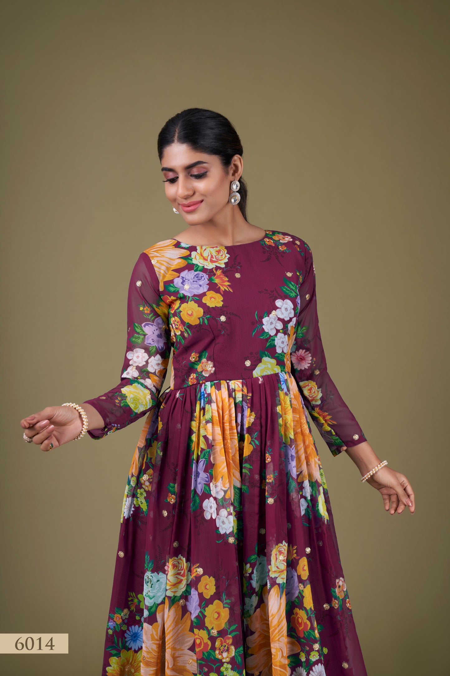 Regal Wine Floral Anarkali Gown with Sequin Work