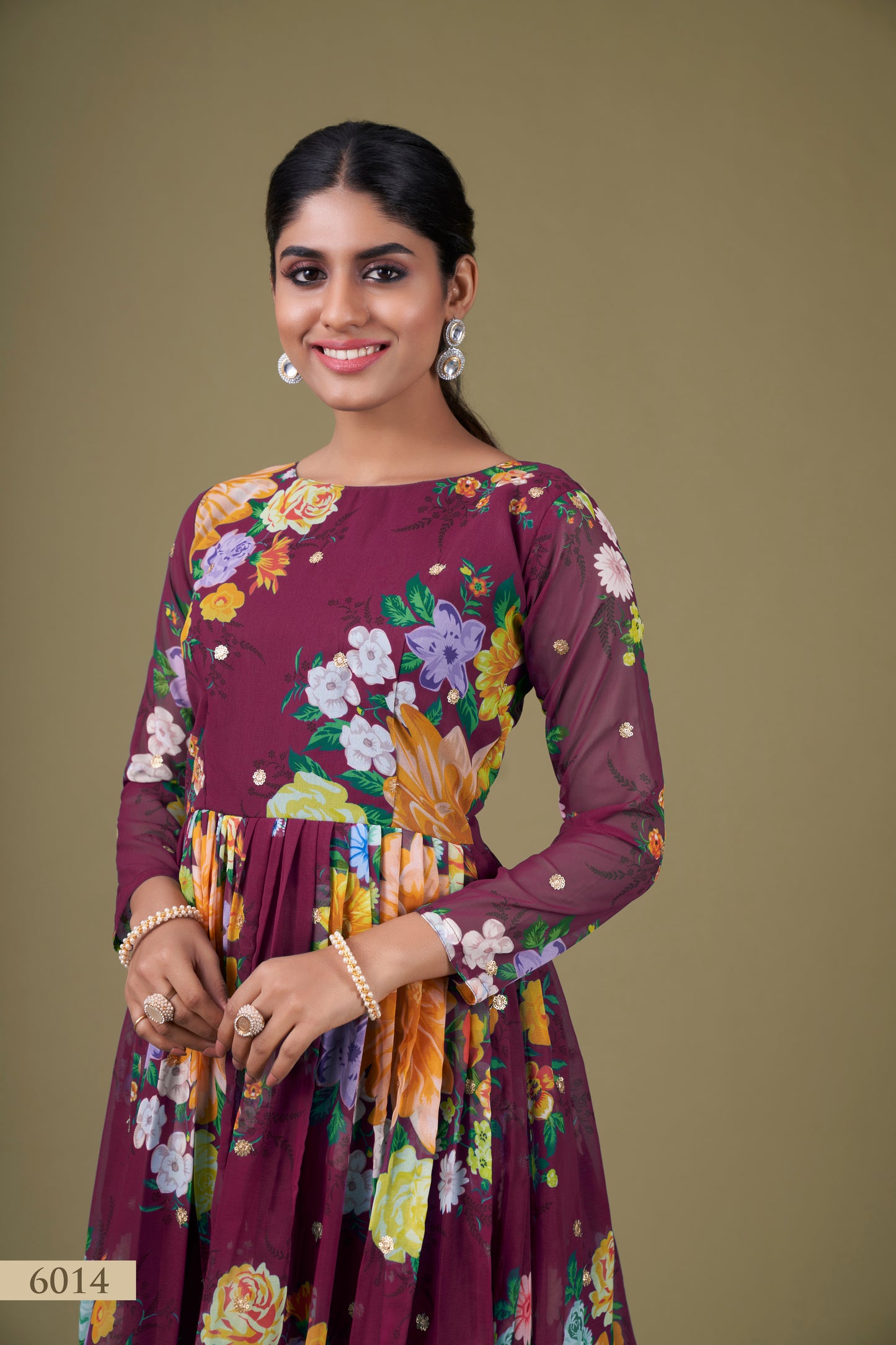 Regal Wine Floral Anarkali Gown with Sequin Work