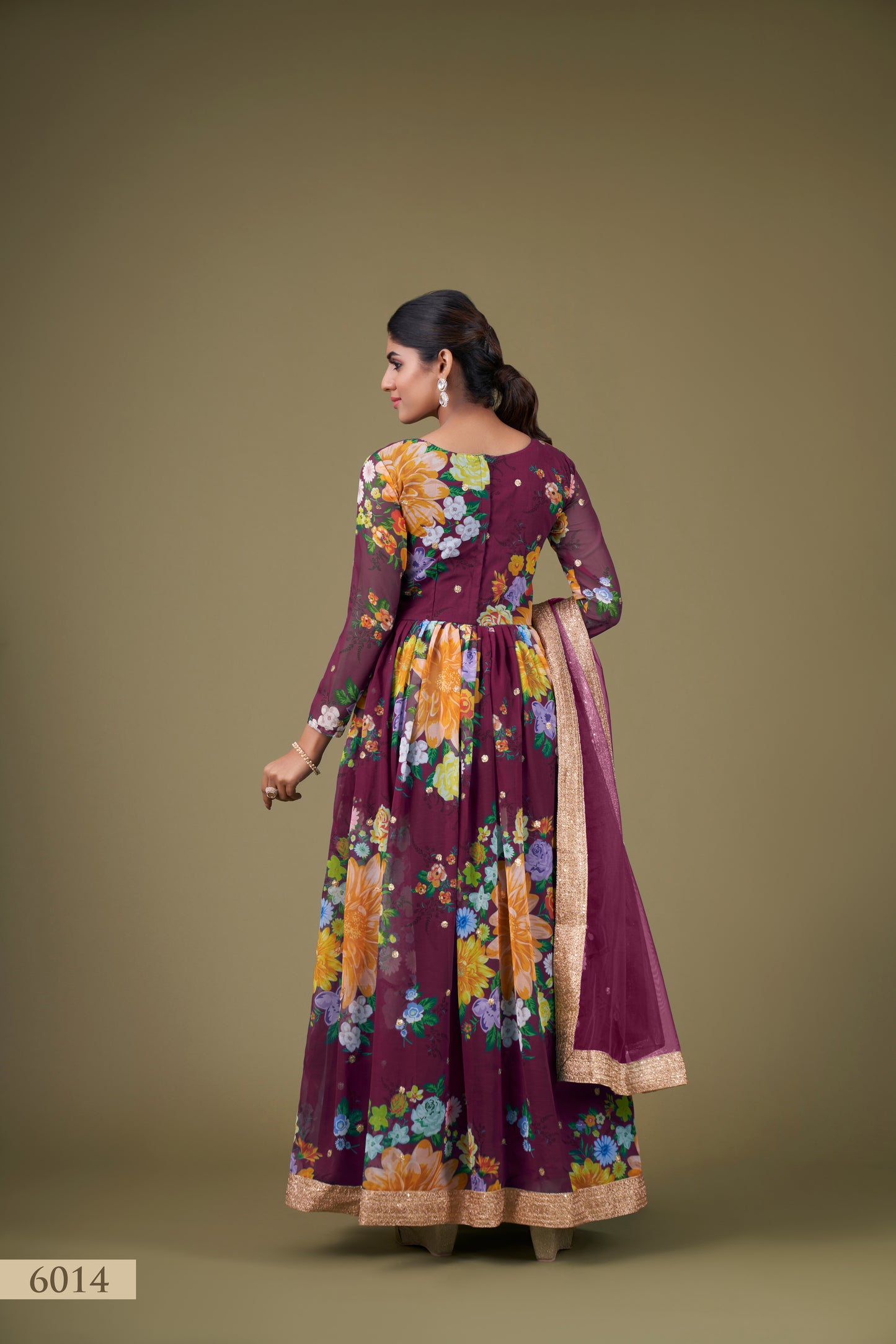 Regal Wine Floral Anarkali Gown with Sequin Work