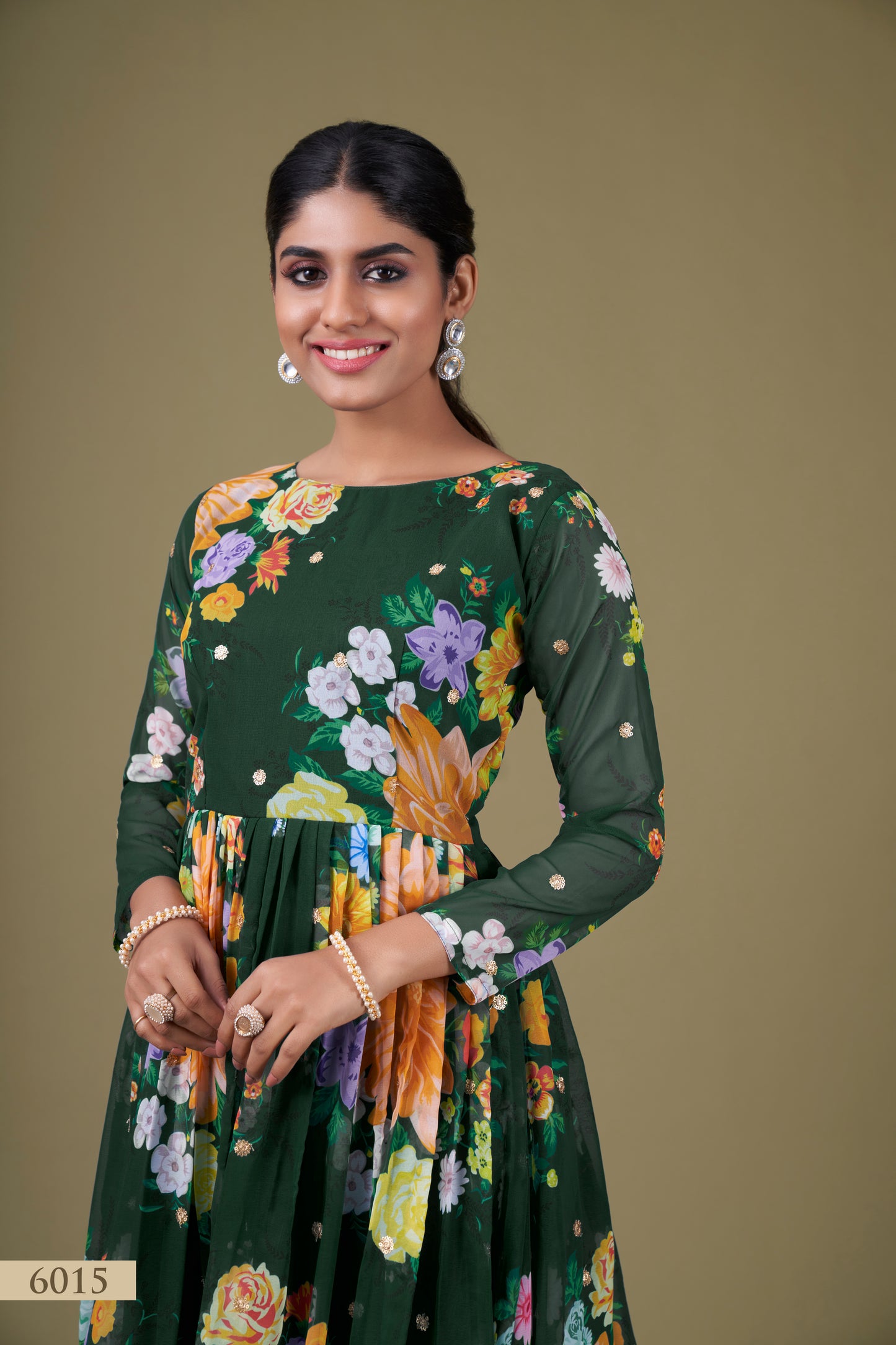 Exquisite Green Floral Anarkali Gown with Sequin Work