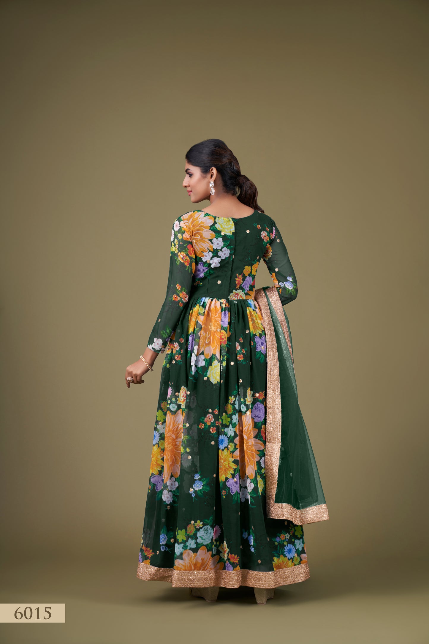Exquisite Green Floral Anarkali Gown with Sequin Work