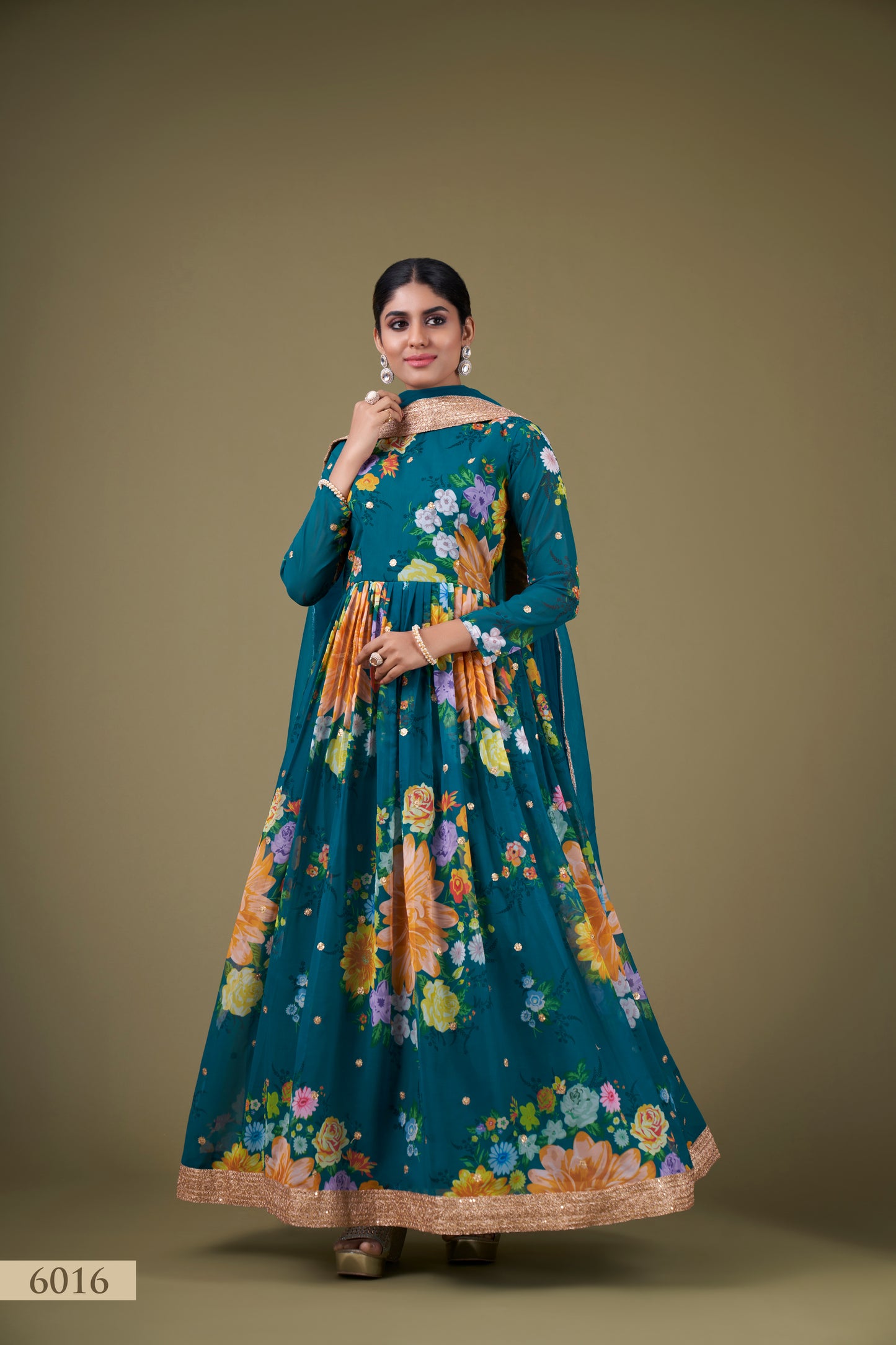 Exquisite Teal Floral Anarkali Gown with Sequin Work