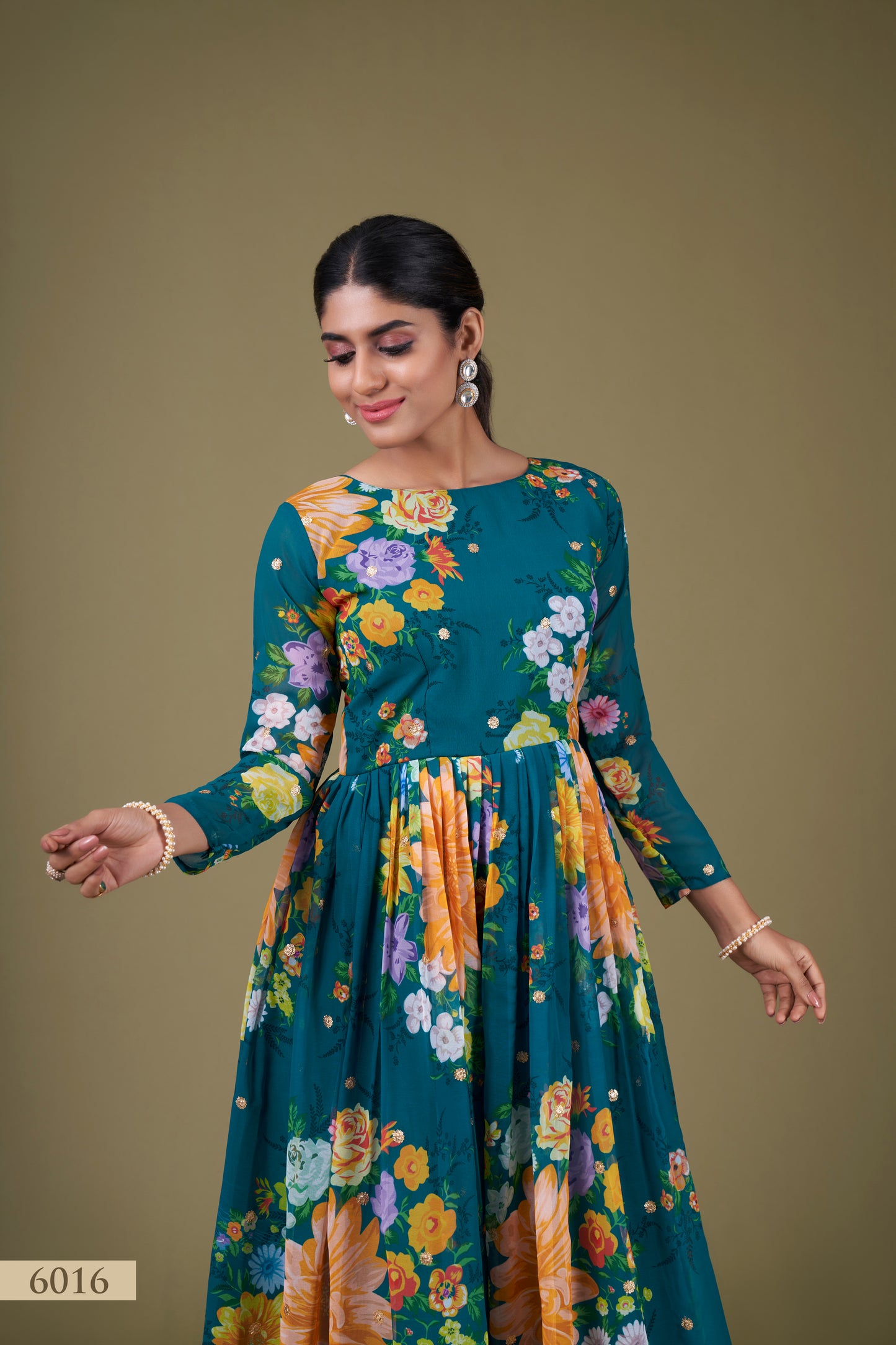 Exquisite Teal Floral Anarkali Gown with Sequin Work