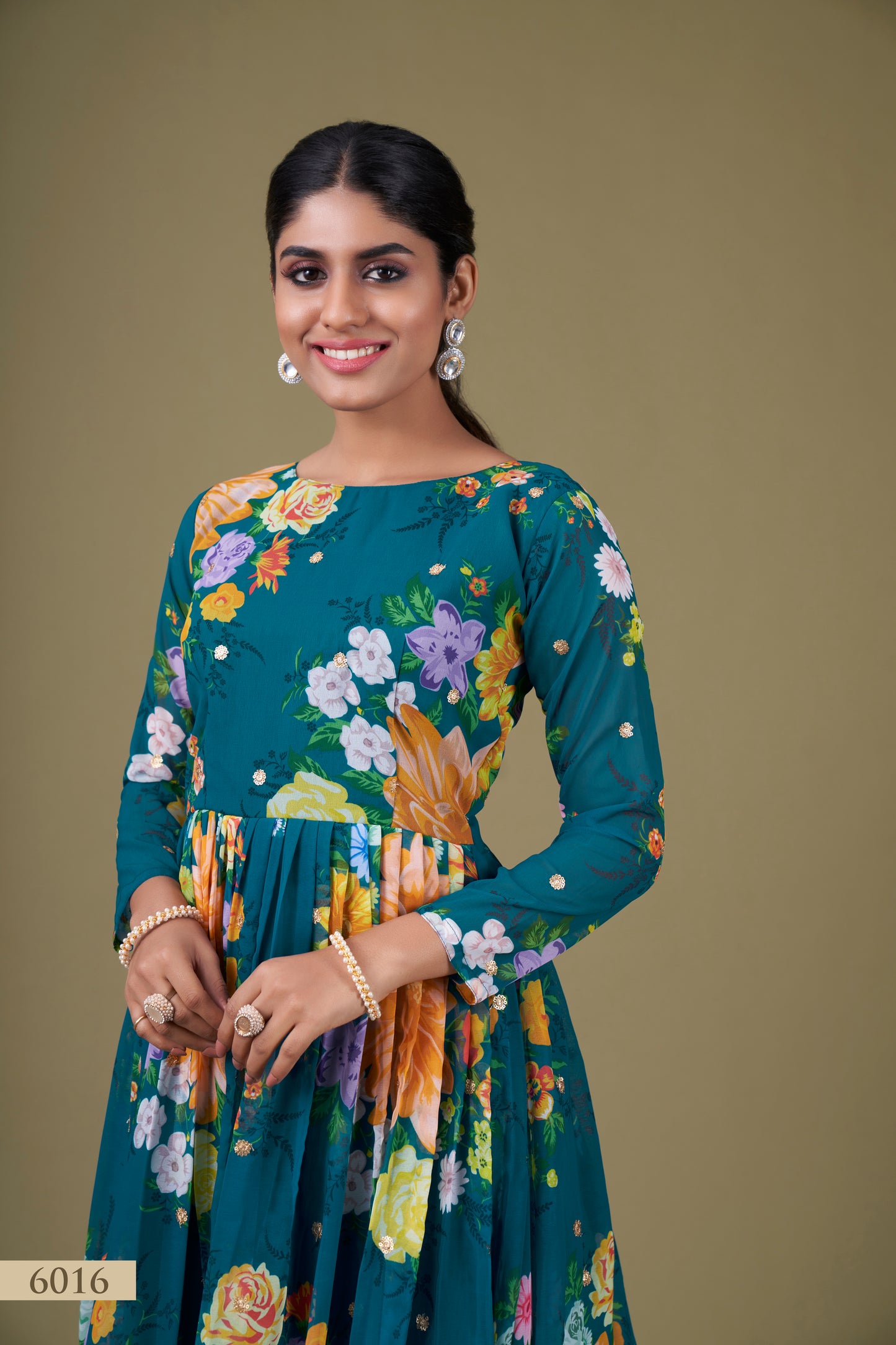 Exquisite Teal Floral Anarkali Gown with Sequin Work