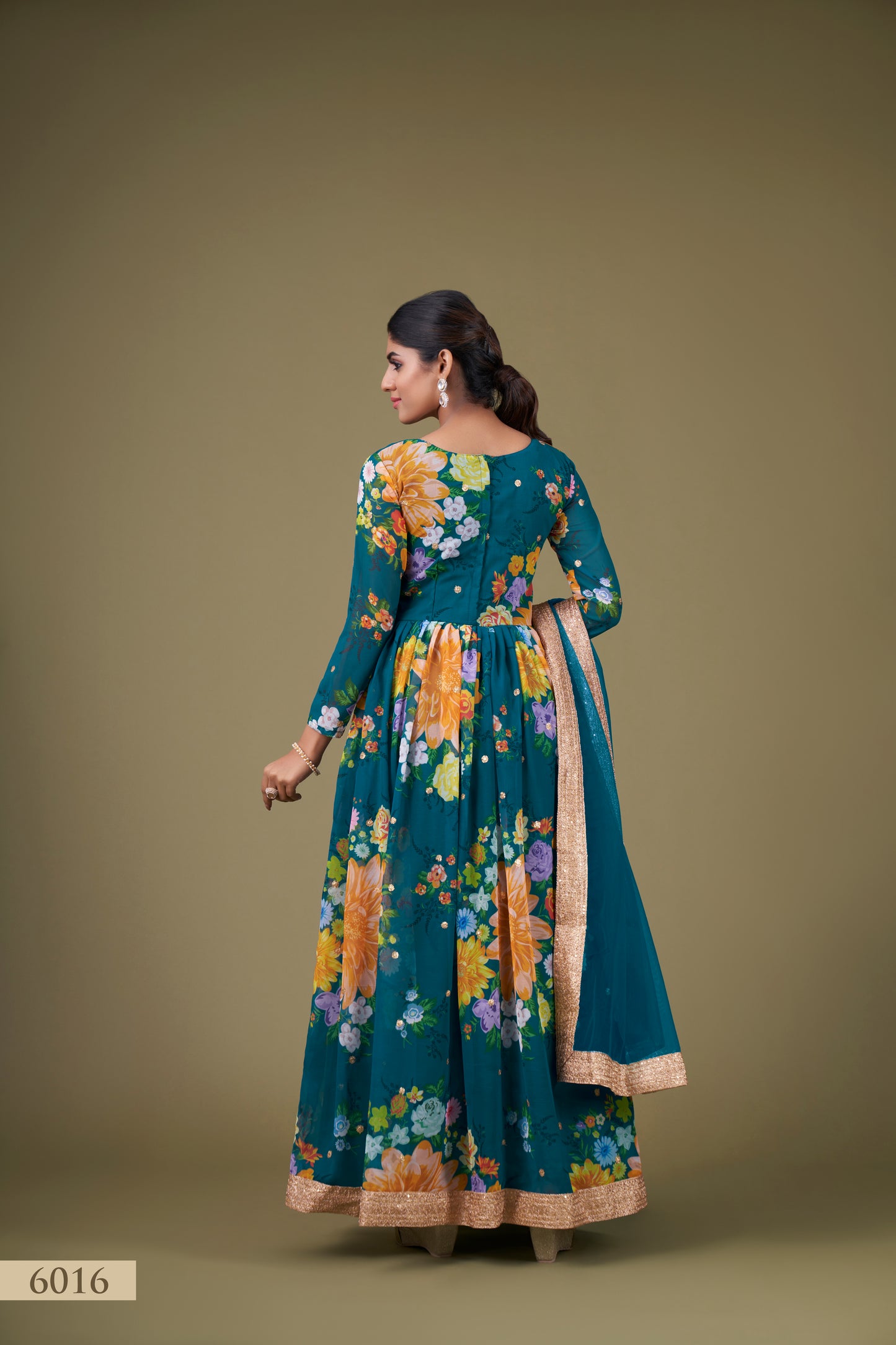 Exquisite Teal Floral Anarkali Gown with Sequin Work