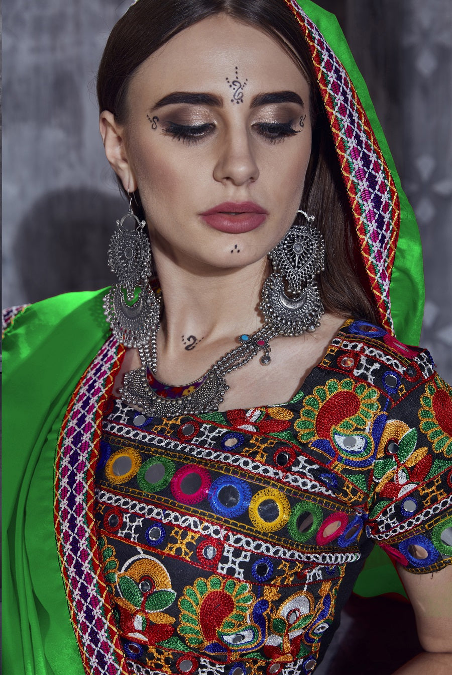 Rajwadi Black Gamthi Embroidered Navratri Chaniya Choli with Neon Green Dupatta